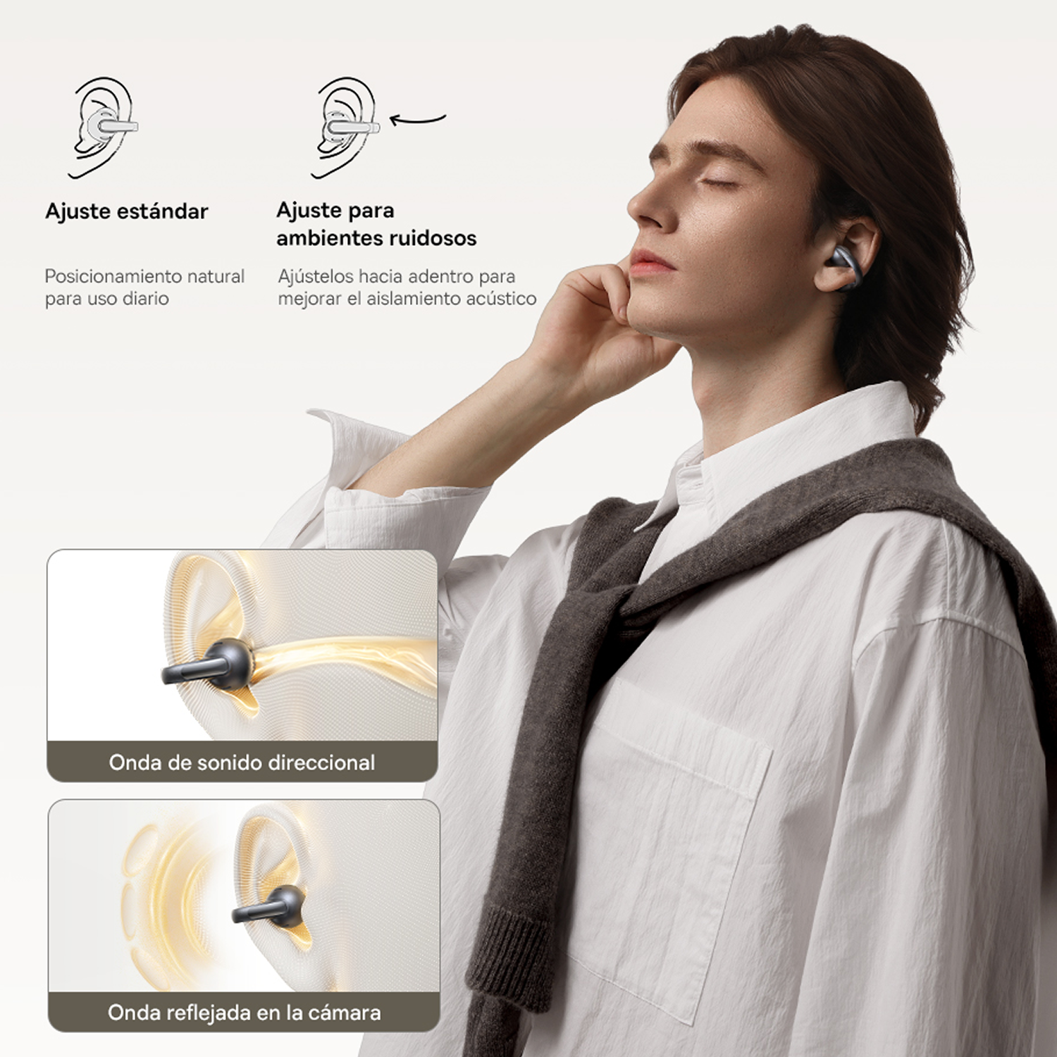Hombre con auriculares; gráficos muestran ajustes estándar y de cancelación de ruido.