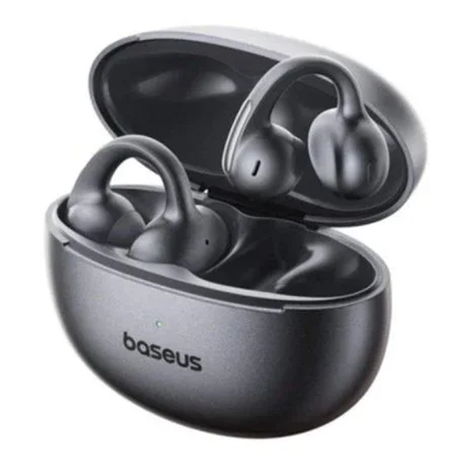 Auriculares inalámbricos grises con estuche de carga y logo Baseus.