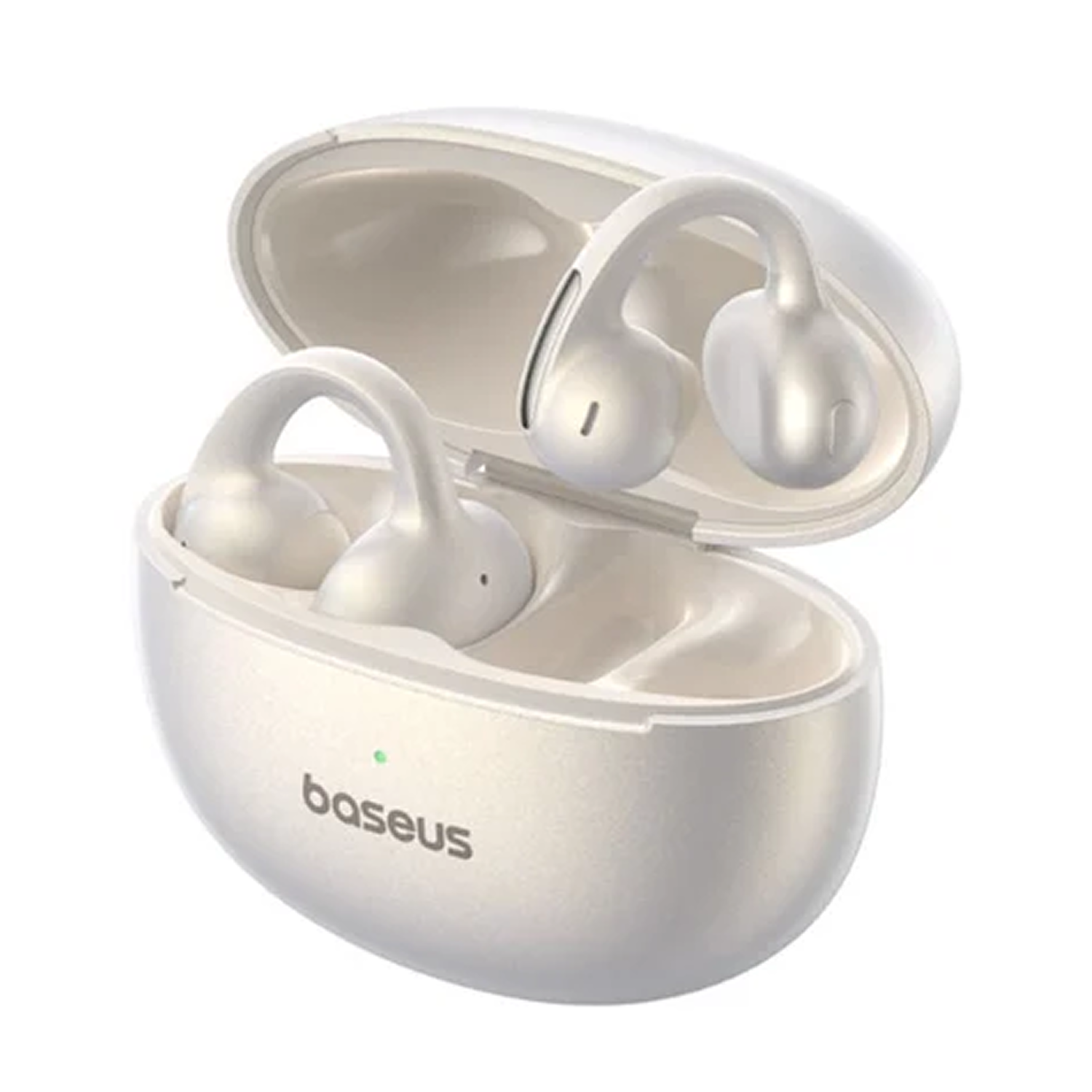 Auriculares inalámbricos blancos en un estuche de carga abierto, sobre fondo blanco.