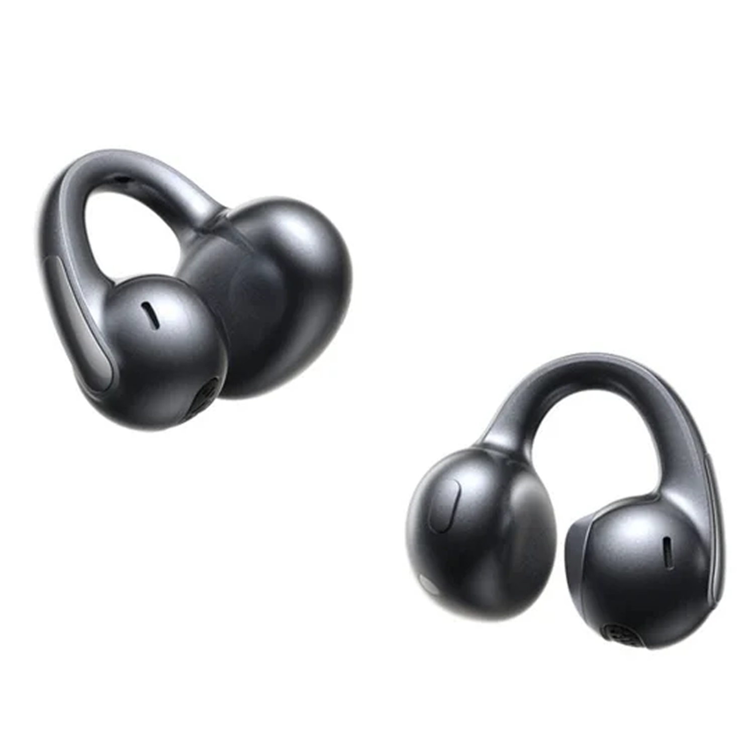 Dos auriculares inalámbricos negros con ganchos para la oreja.