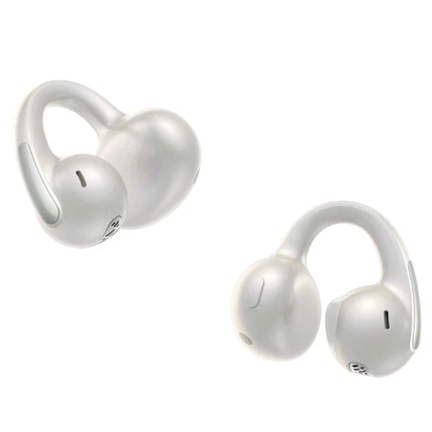 Dos auriculares inalámbricos blancos con ganchos para la oreja sobre fondo blanco.