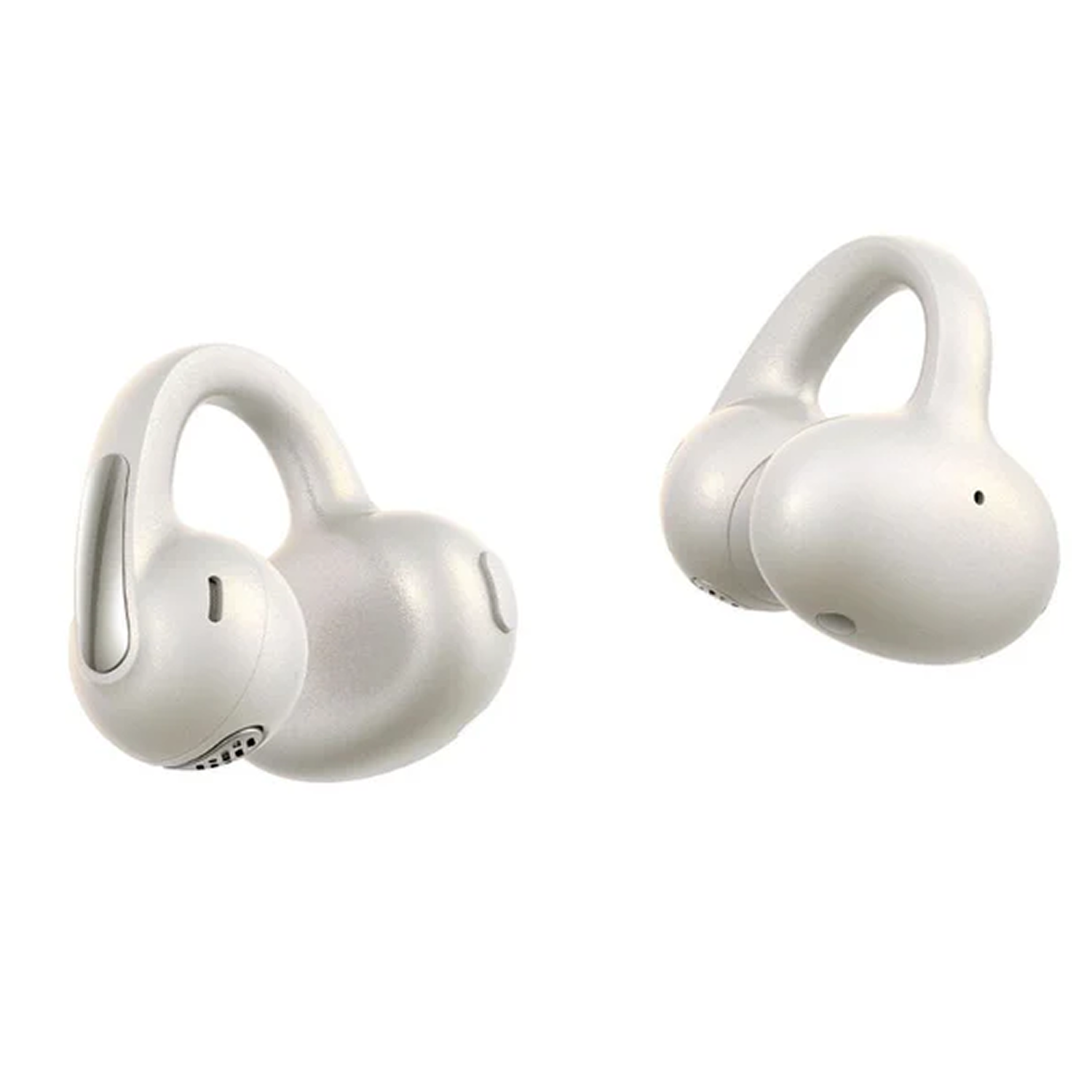 Dos audífonos inalámbricos blancos se muestran sobre un fondo blanco. Tienen un diseño ergonómico.