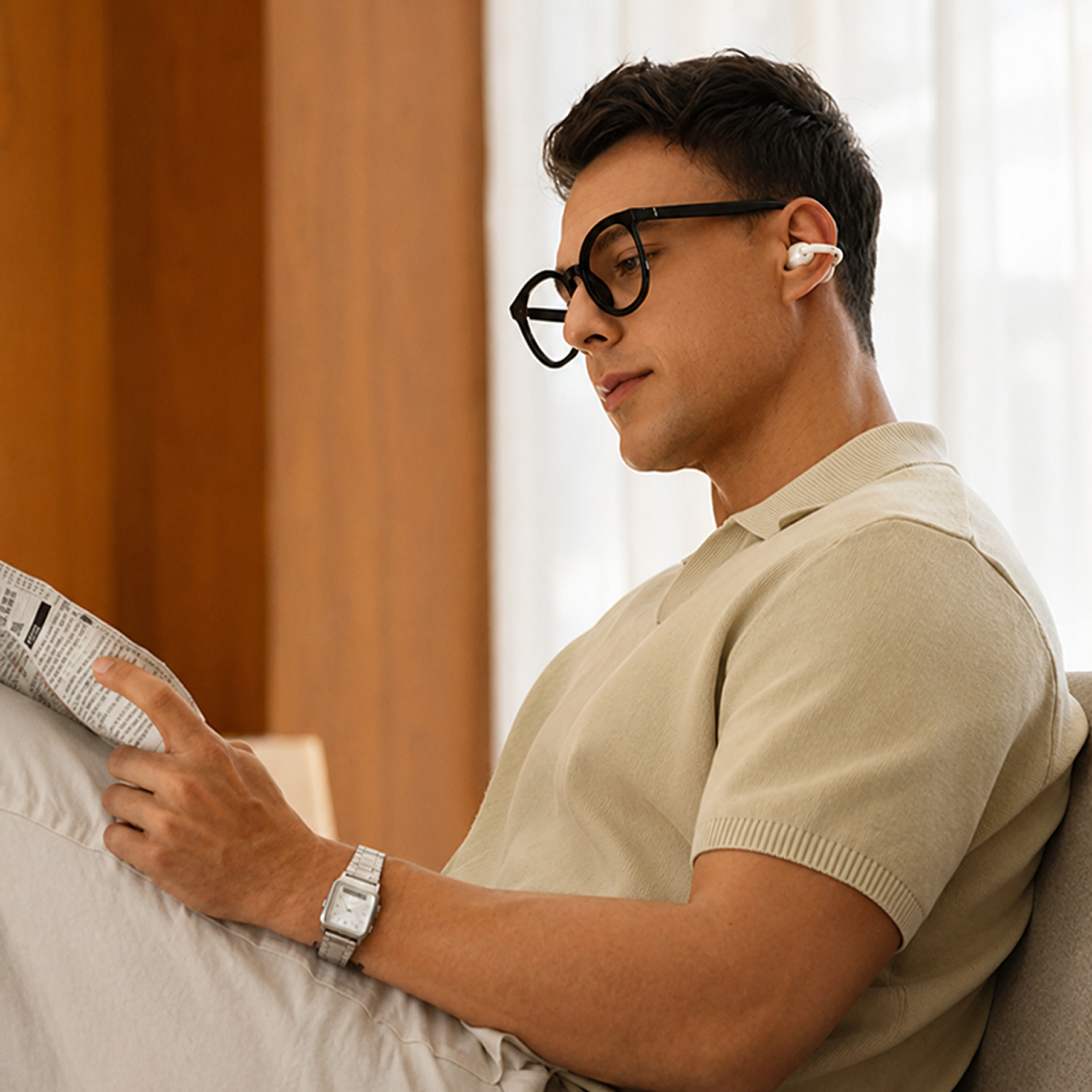 Hombre con gafas y audífonos lee un periódico.
