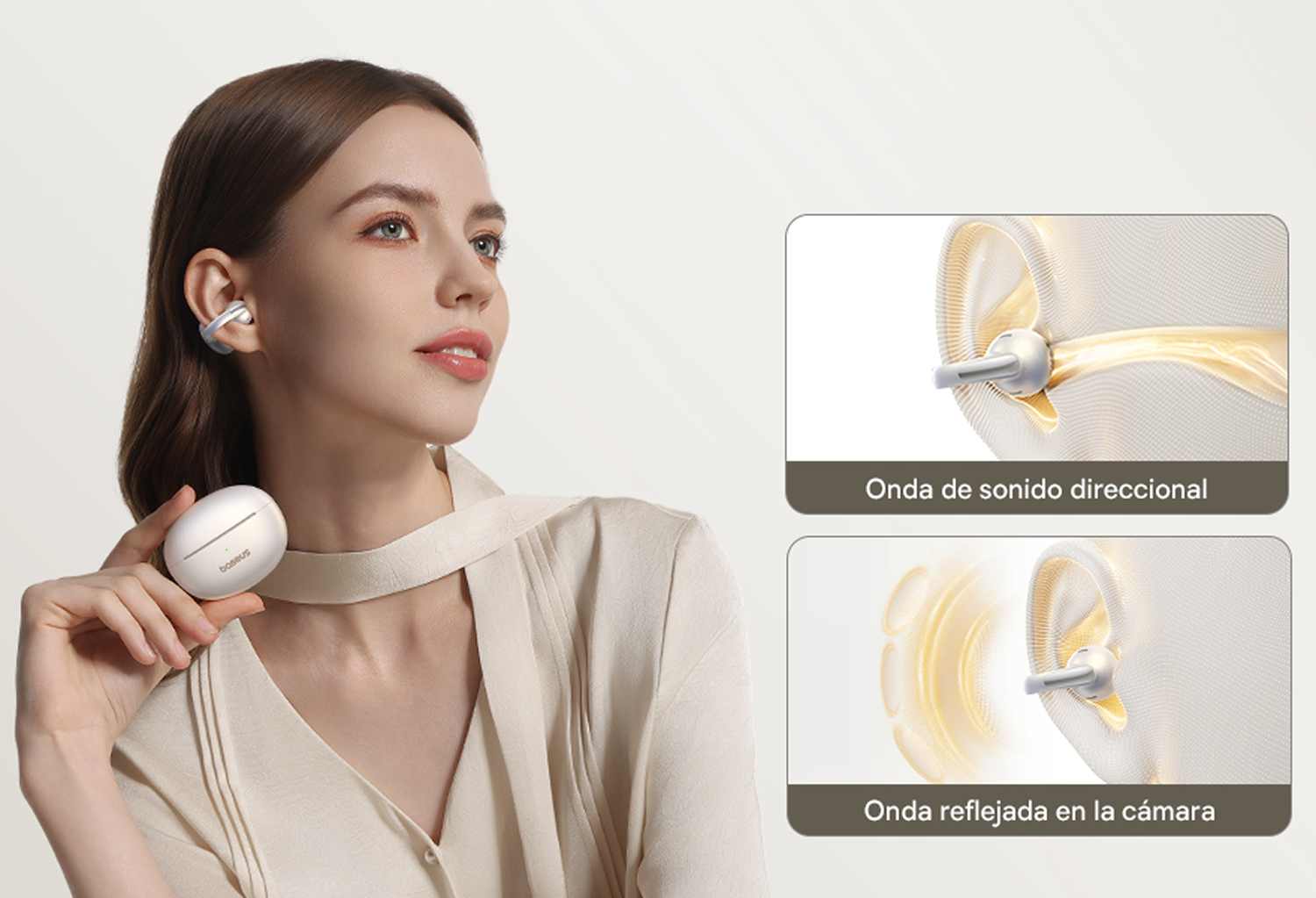 Mujer con auriculares y estuche de carga, junto a diagramas de ondas sonoras en el oído.