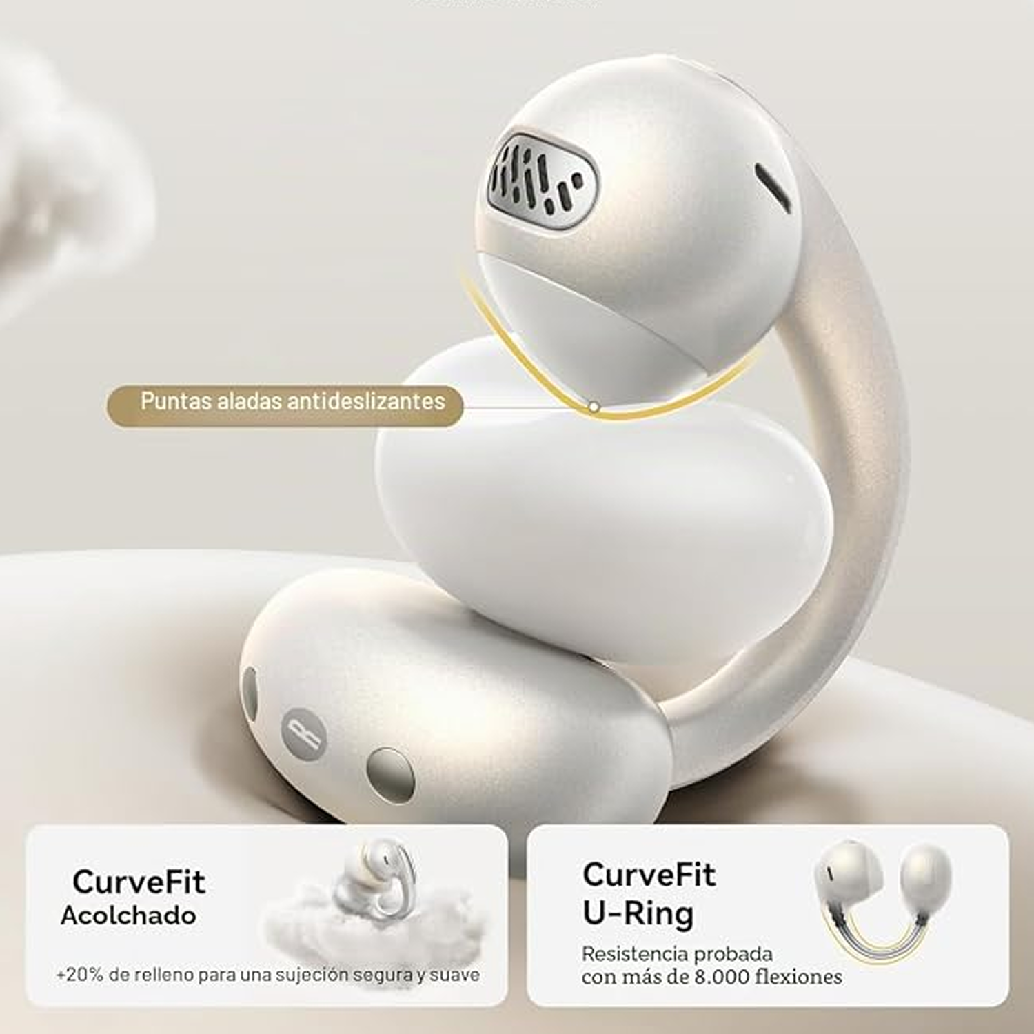 Auriculares blancos apilados con detalles en amarillo.