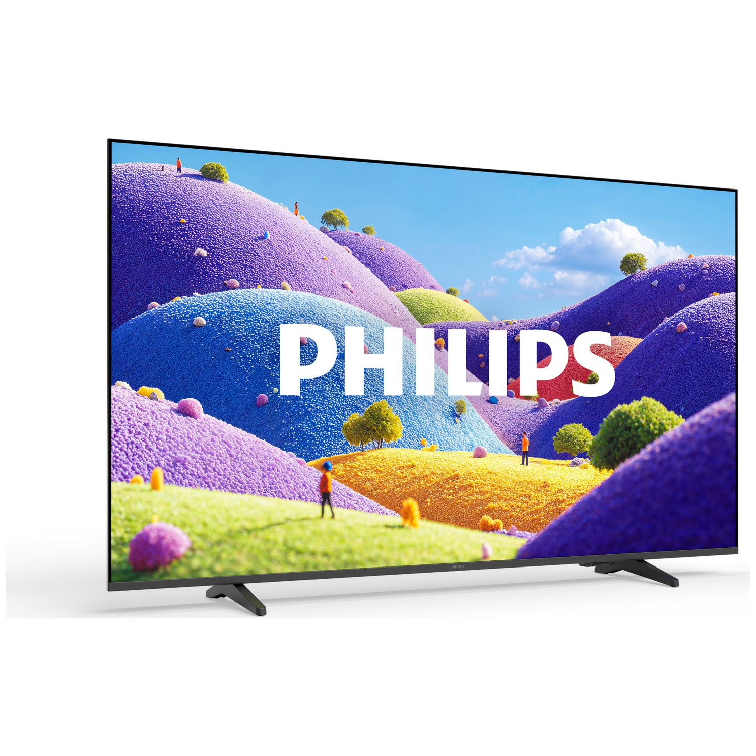 Een Philips TV toont een kleurrijk, fantasielandschap met paarse, blauwe en gele heuvels.