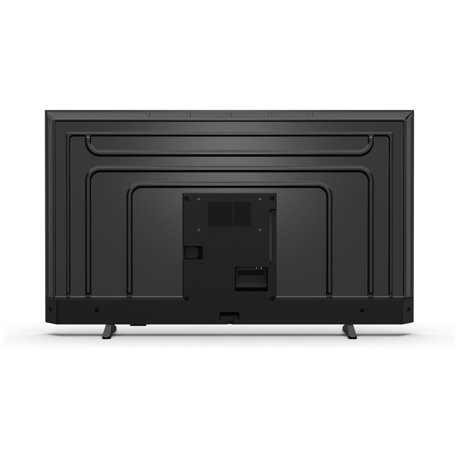 Achterkant van een zwarte televisie met poorten en pootjes.