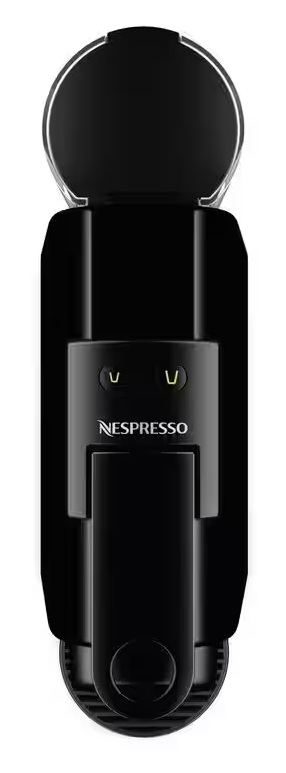 Czarna ekspres do kawy Nespresso z otwartą pokrywą i dwoma podświetlanymi przyciskami.