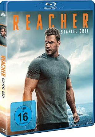 Blu-ray Cover: Mann in grauem T-Shirt vor dramatischem Himmel. "Reacher Staffel Drei"