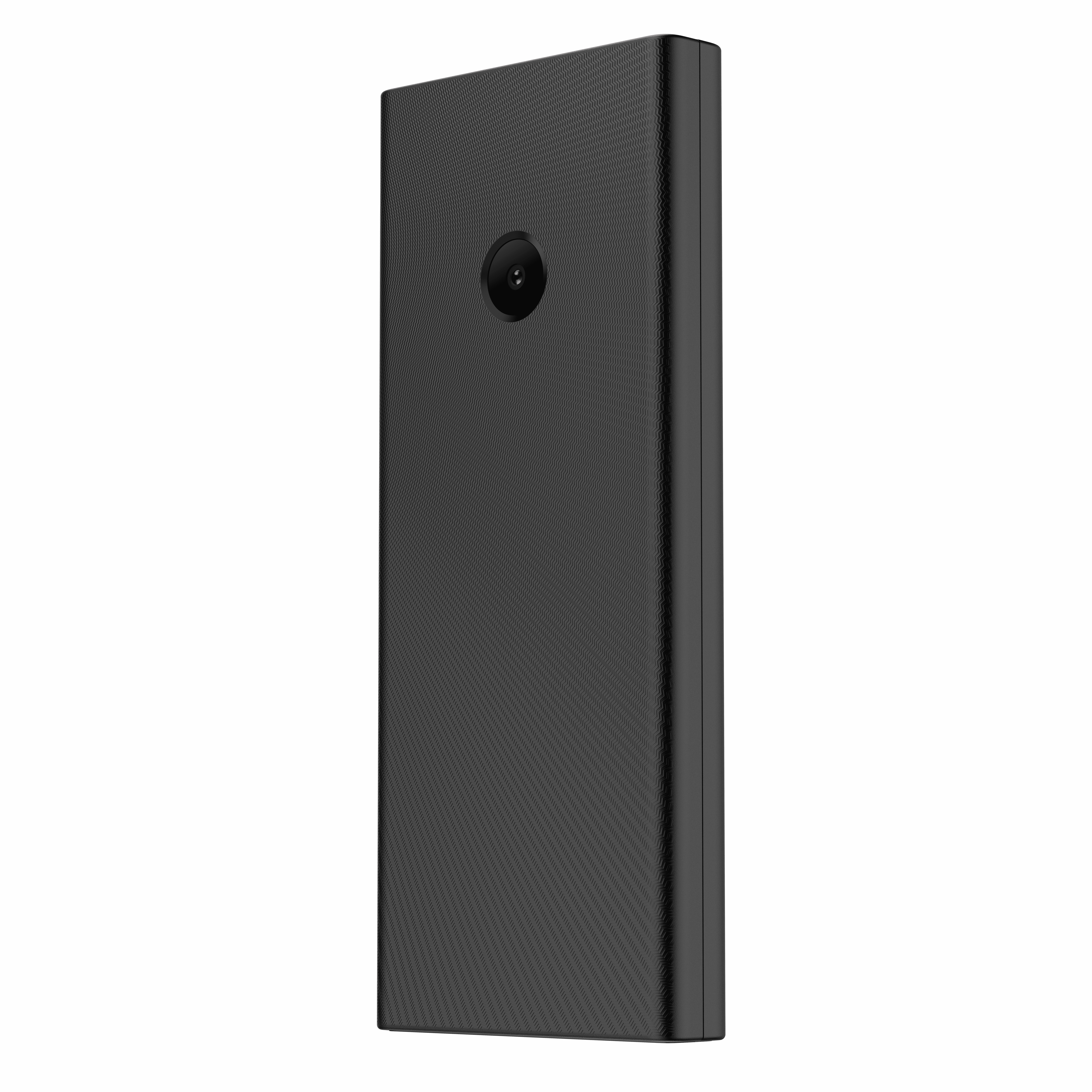 Dalga desenli ve kamera lensli siyah dikdörtgen powerbank.