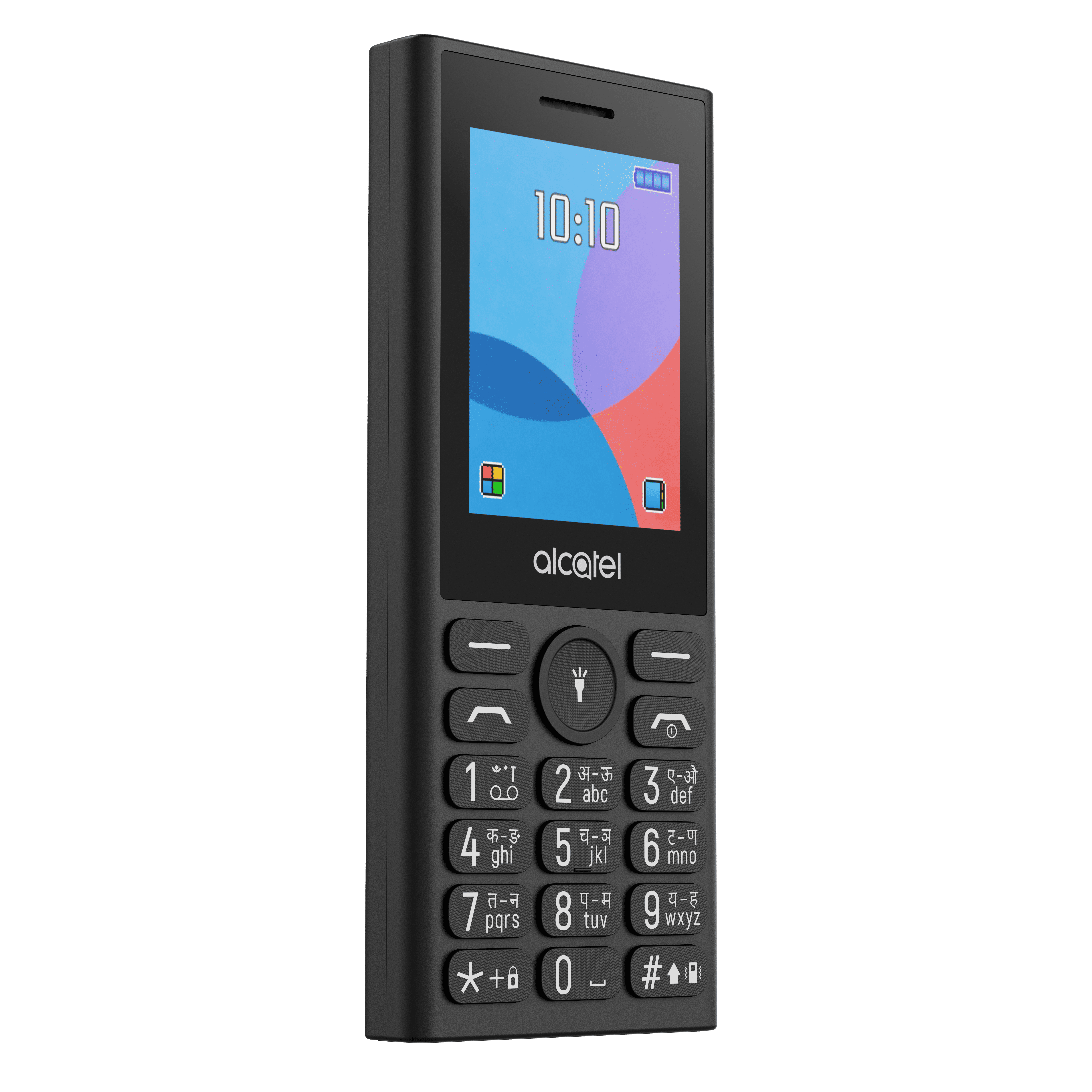10:10 gösteren renkli ekrana sahip siyah bir Alcatel tuşlu telefon.