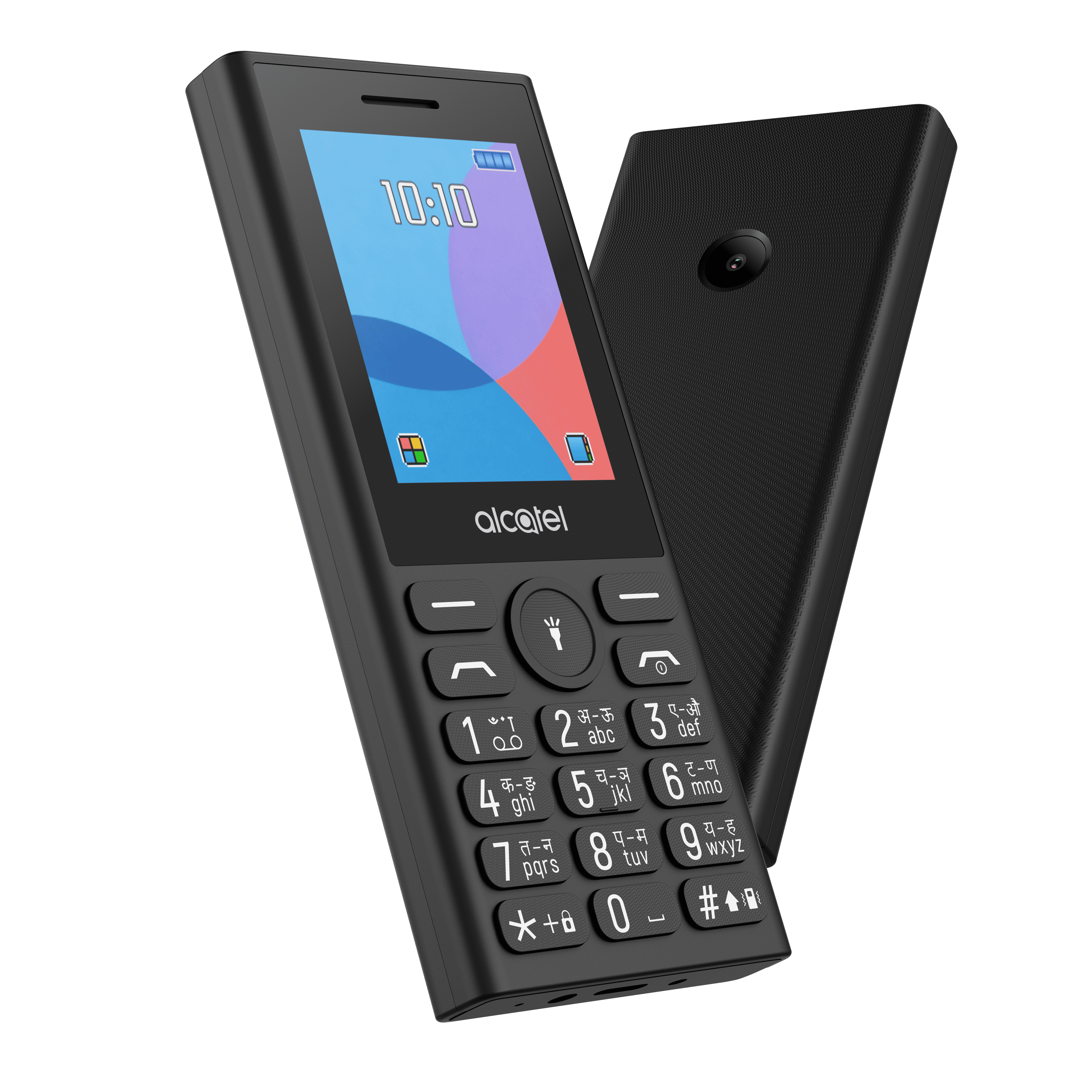 Saat 10:10'u gösteren tuş takımına ve ekrana sahip siyah bir Alcatel cep telefonu.