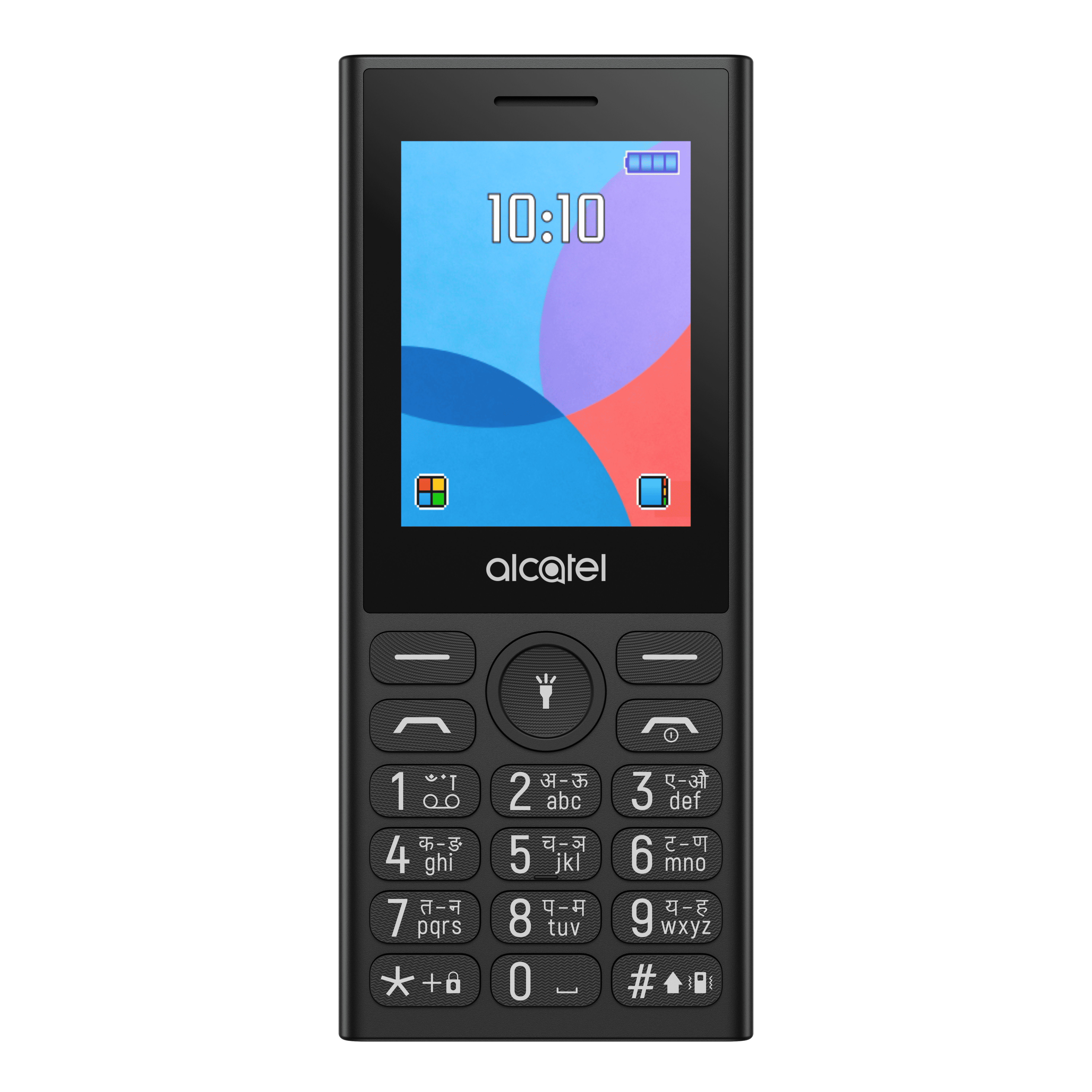 Tuş takımı ve 10:10 gösteren renkli ekrana sahip siyah bir Alcatel cep telefonu.