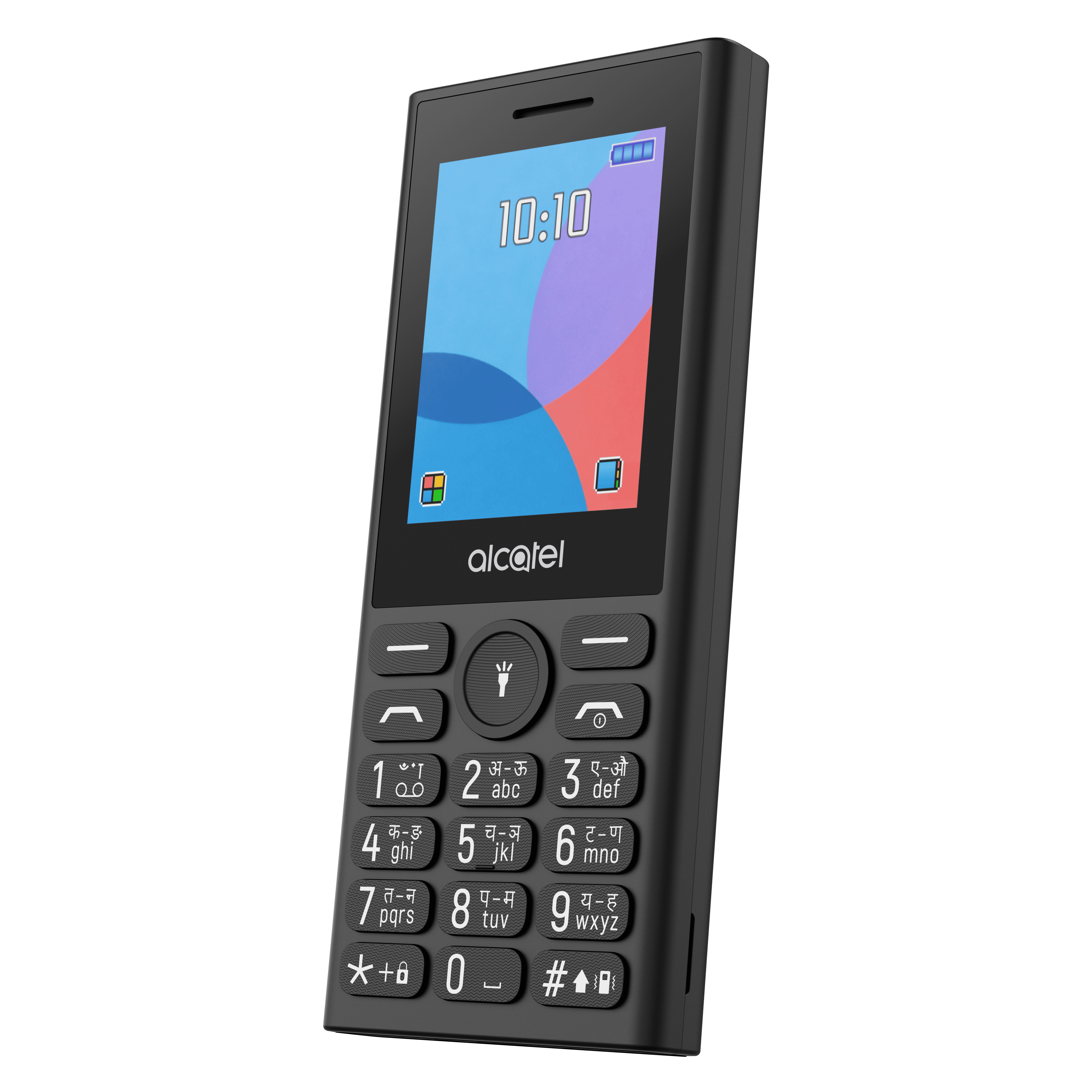Siyah Alcatel tuşlu telefon, üzerinde saat gösteren renkli ekranı var.