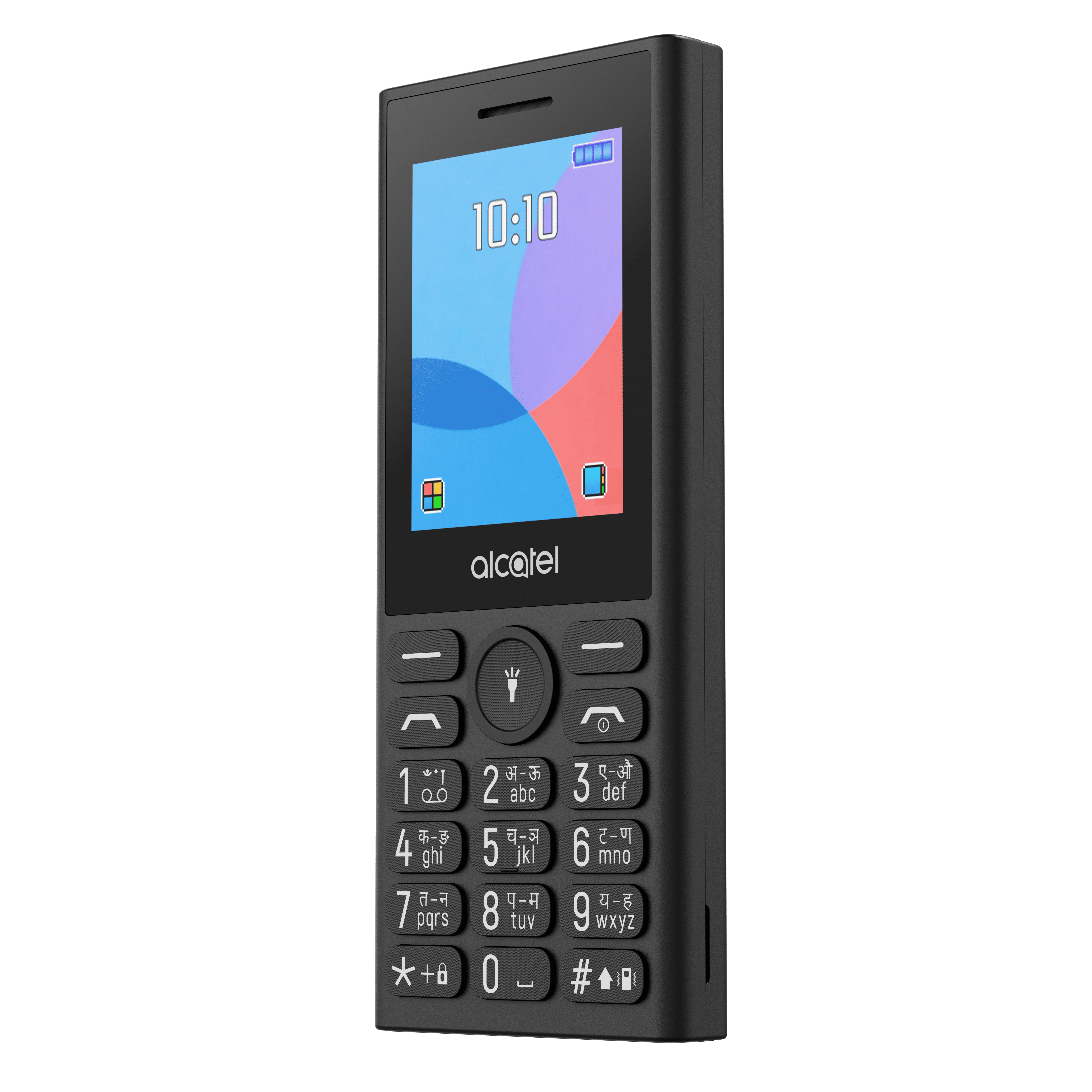 10:10 gösteren renkli ekrana ve tuş takımına sahip siyah bir Alcatel cep telefonu.