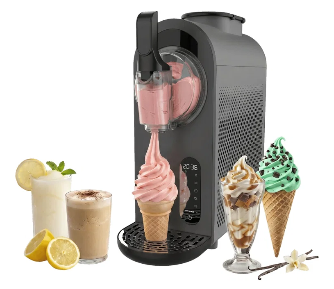 Maszyna do lodów z lodami o smaku truskawkowym, miętowym, pucharem lodowym, napojem cytrynowym i kawą.