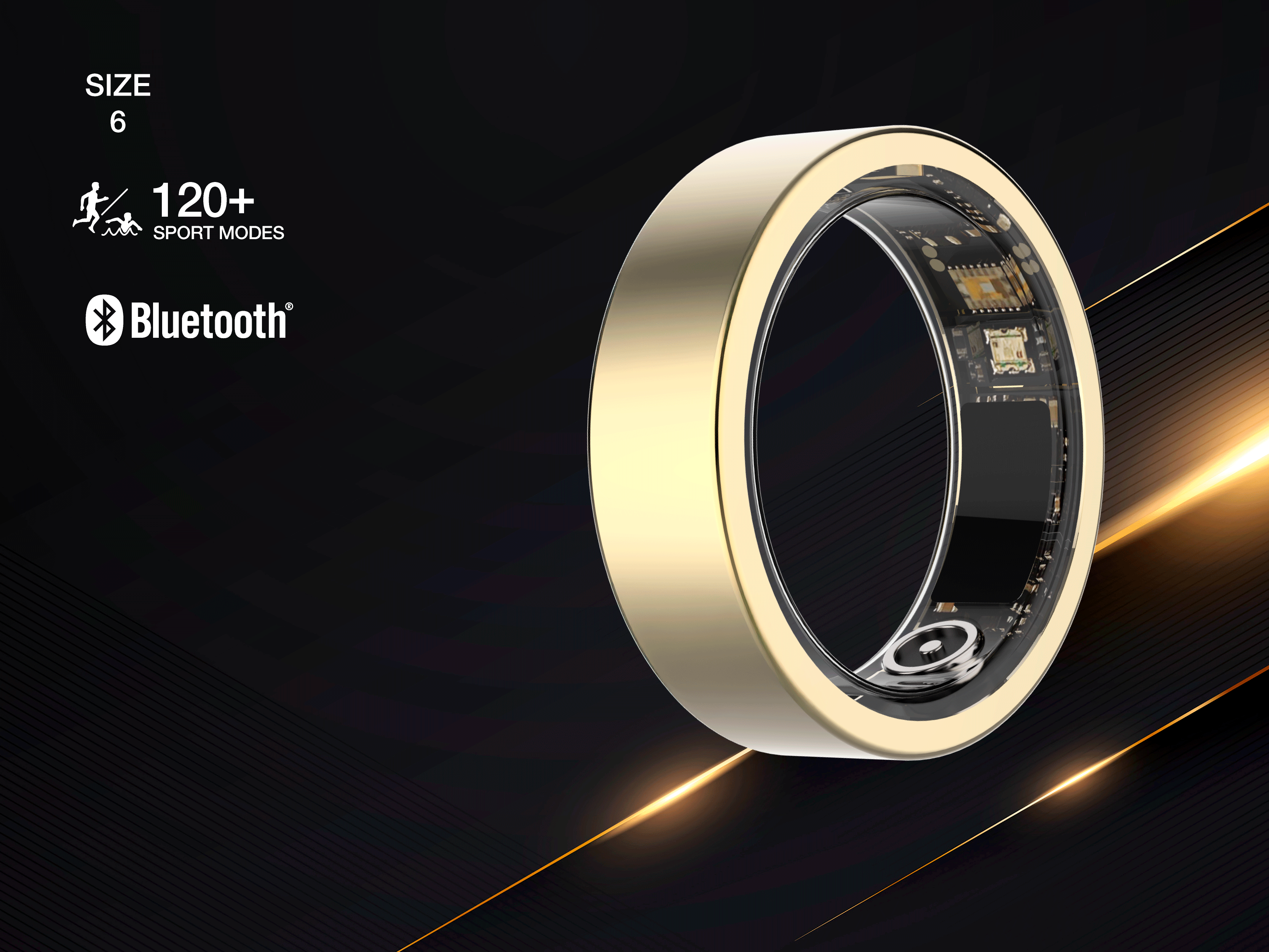 Ein goldener Ring mit sichtbaren elektronischen Komponenten, Größe 6, 120+ Sportmodi, Bluetooth.
