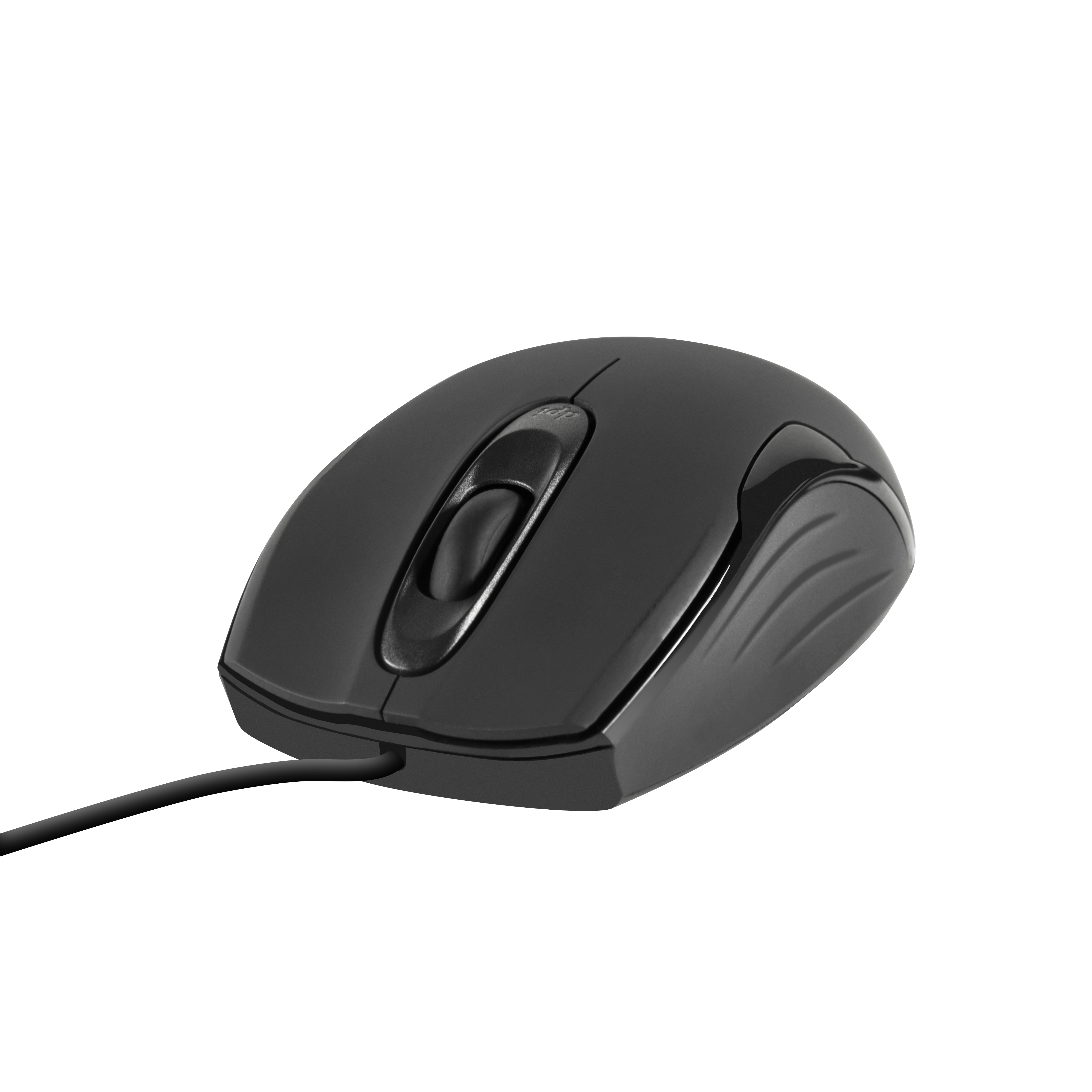 Eine schwarze Computermaus mit Scrollrad und Kabel auf schwarzem Hintergrund.