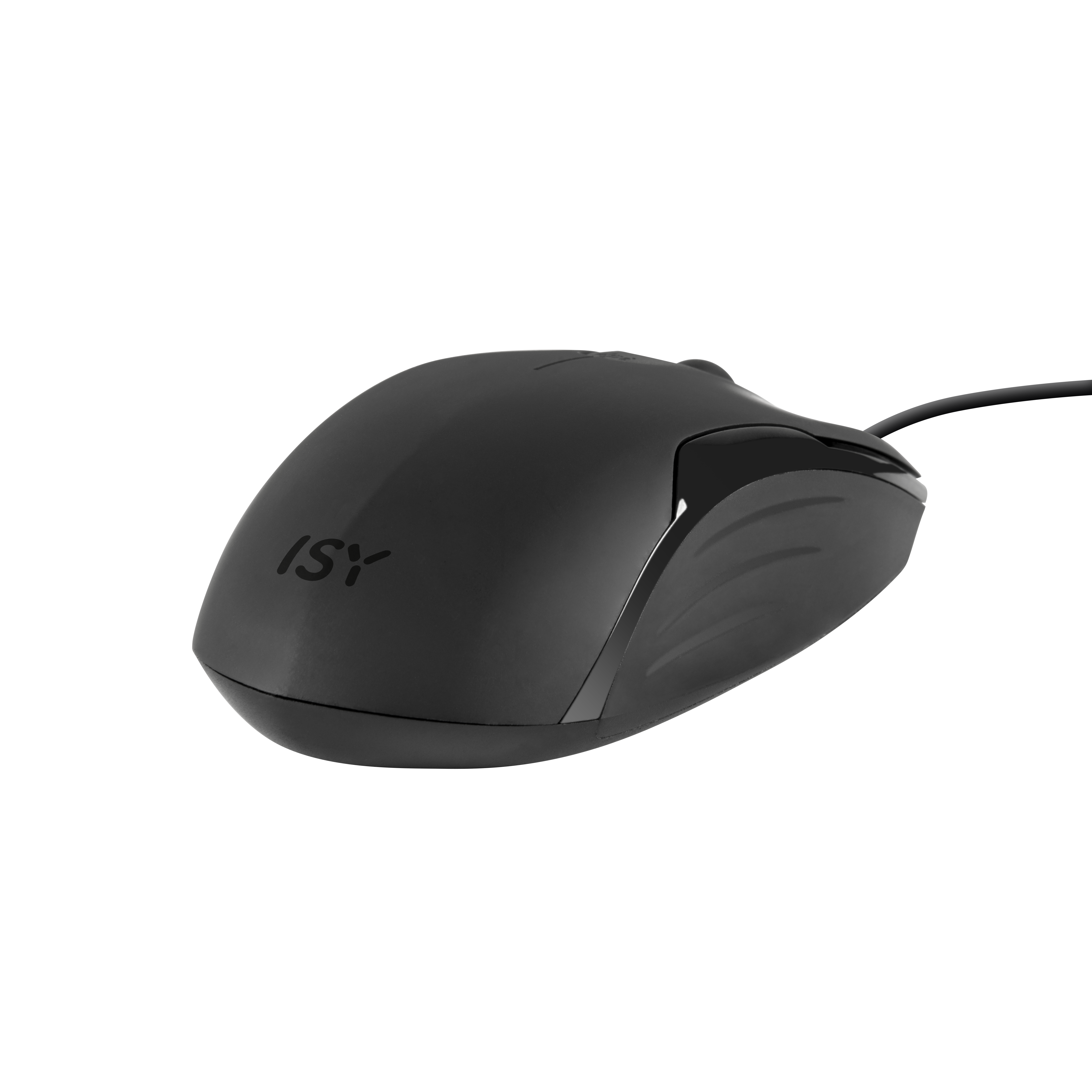 Eine schwarze Maus mit dem ISY-Logo, isoliert auf schwarzem Hintergrund.