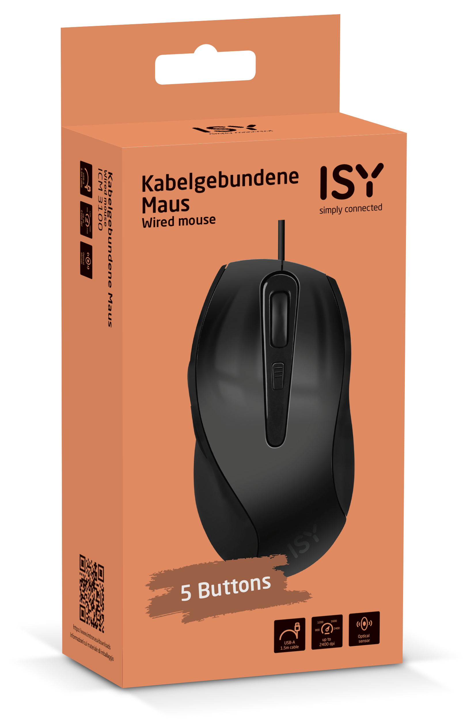 Eine schwarze ISY Kabelmaus mit 5 Tasten auf orangefarbener Verpackung.