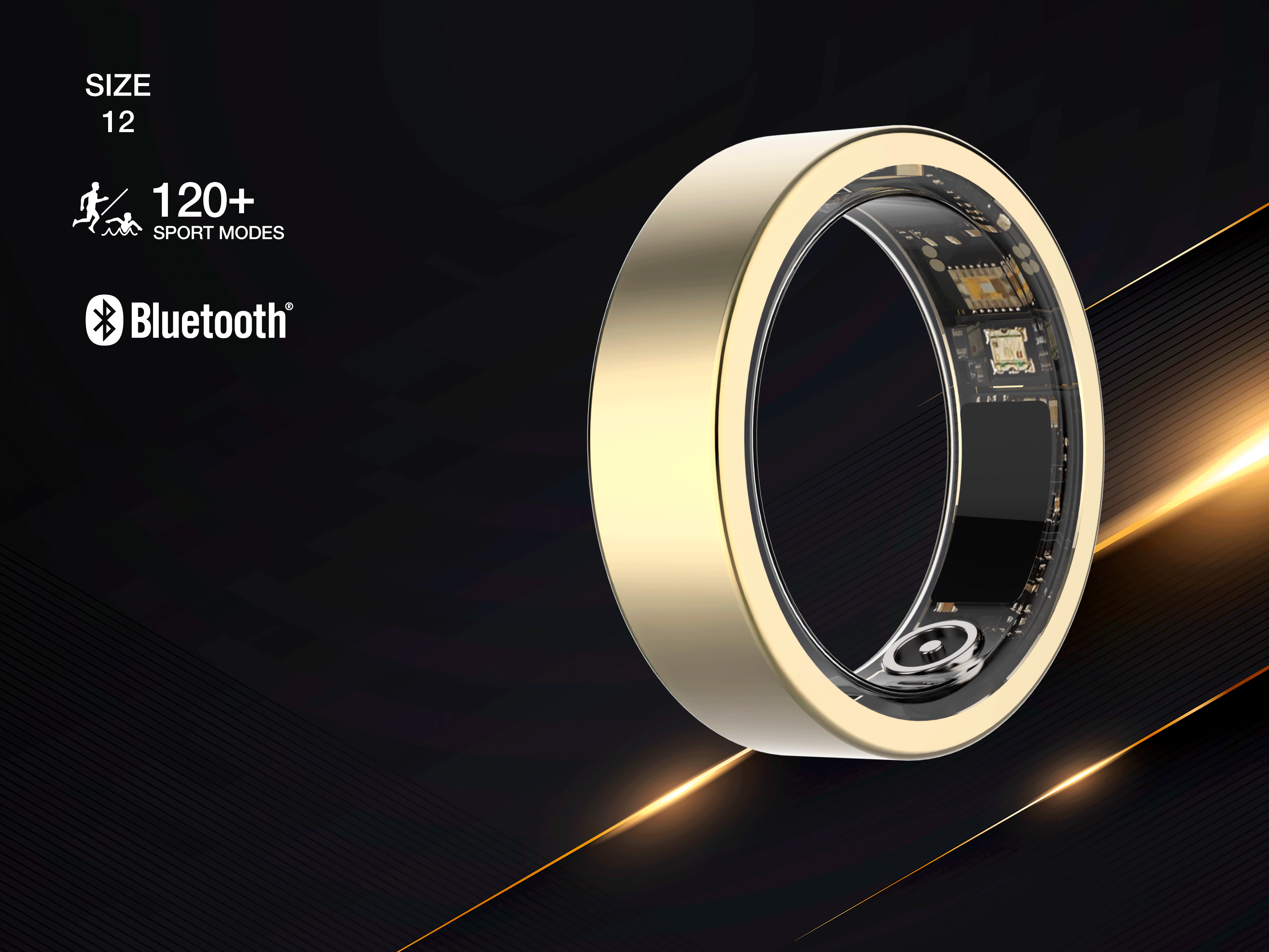 Goldener Ring der Größe 12 mit sichtbarer Elektronik, 120+ Sportmodi, Bluetooth.