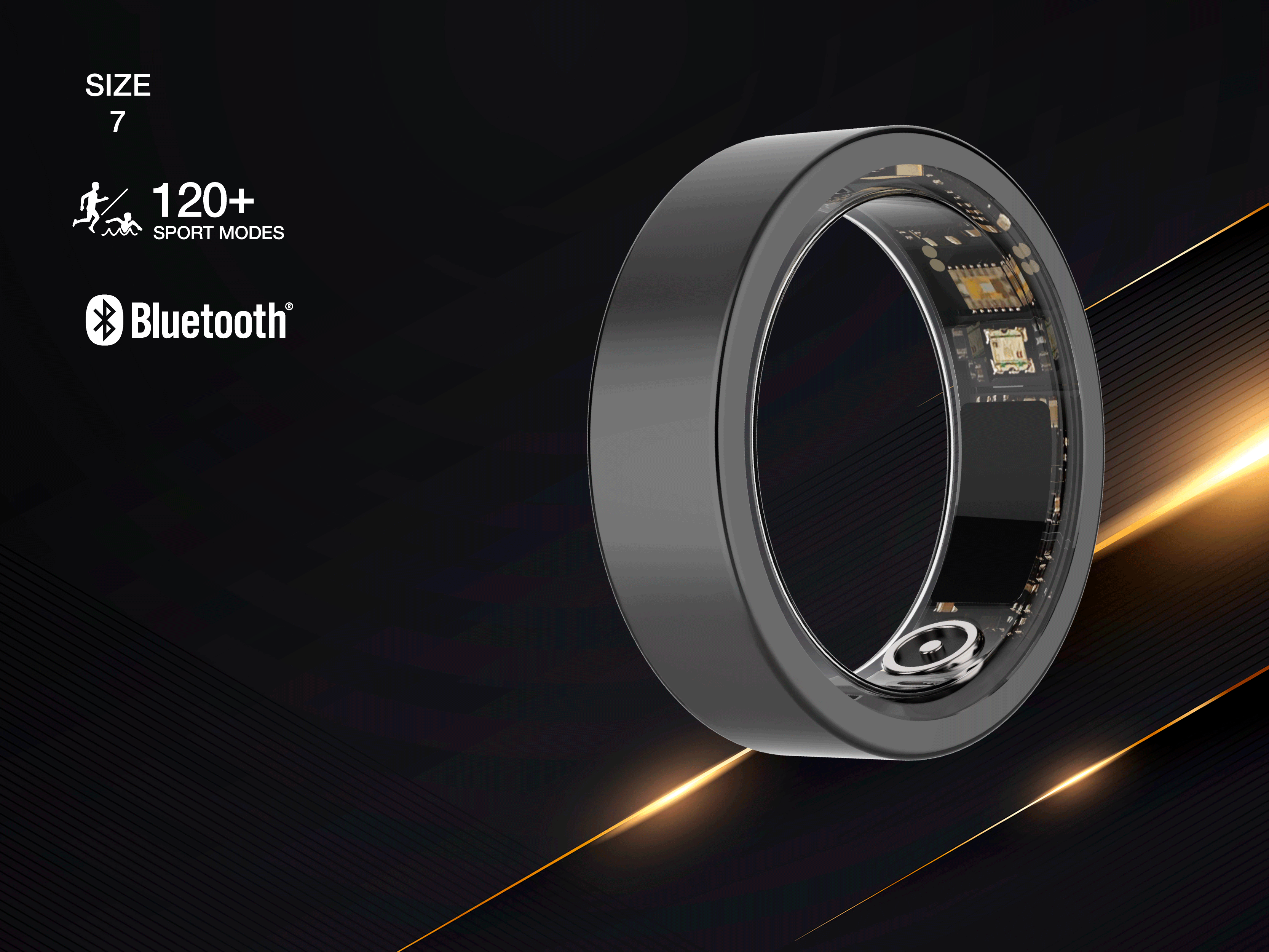 Schwarzer Ring mit sichtbarer Elektronik, Größe 7, Bluetooth & 120+ Sportmodi.