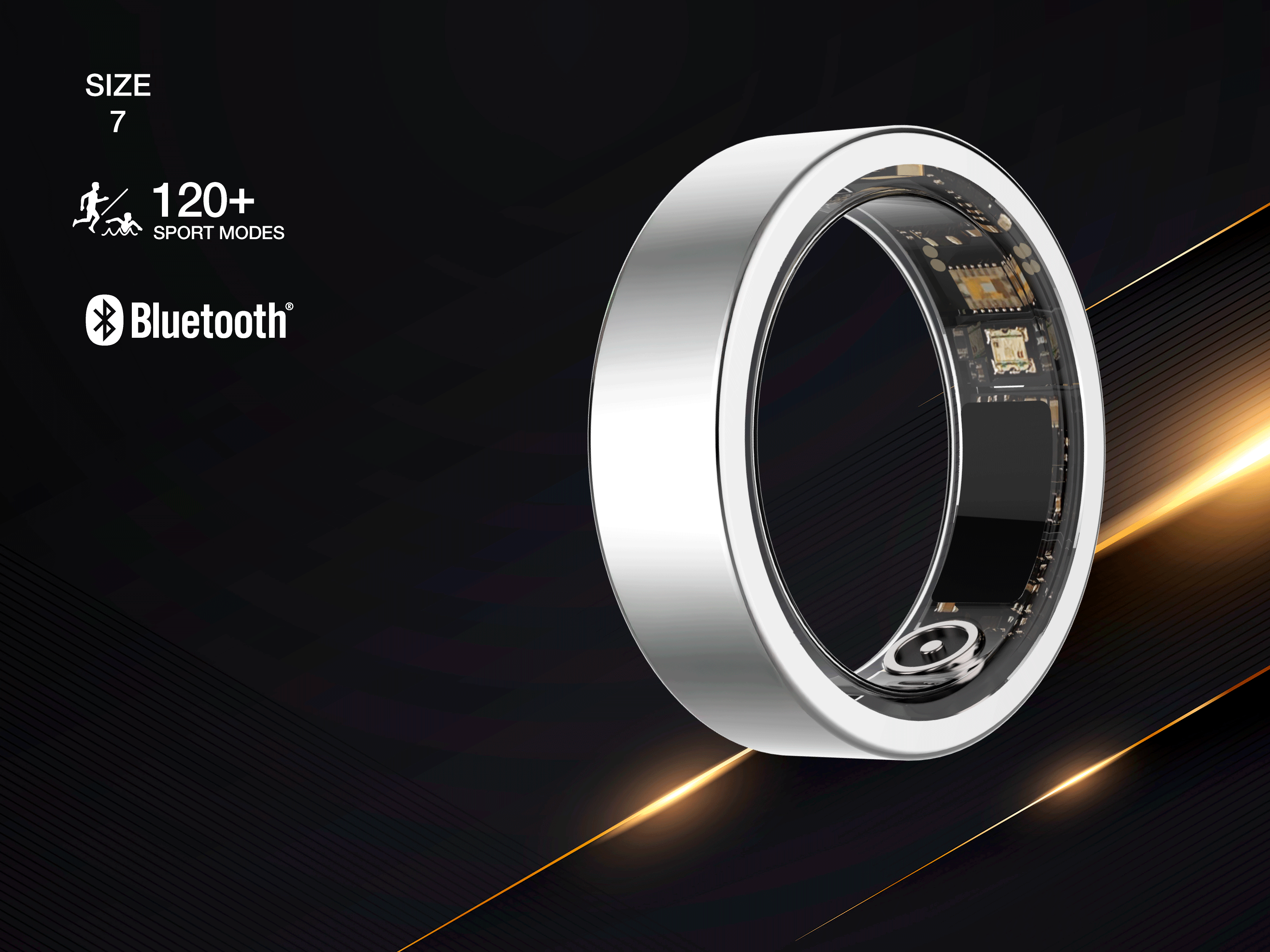 Ein silberner Smartring mit freiliegender Elektronik, Größe 7, 120+ Sportmodi, Bluetooth.