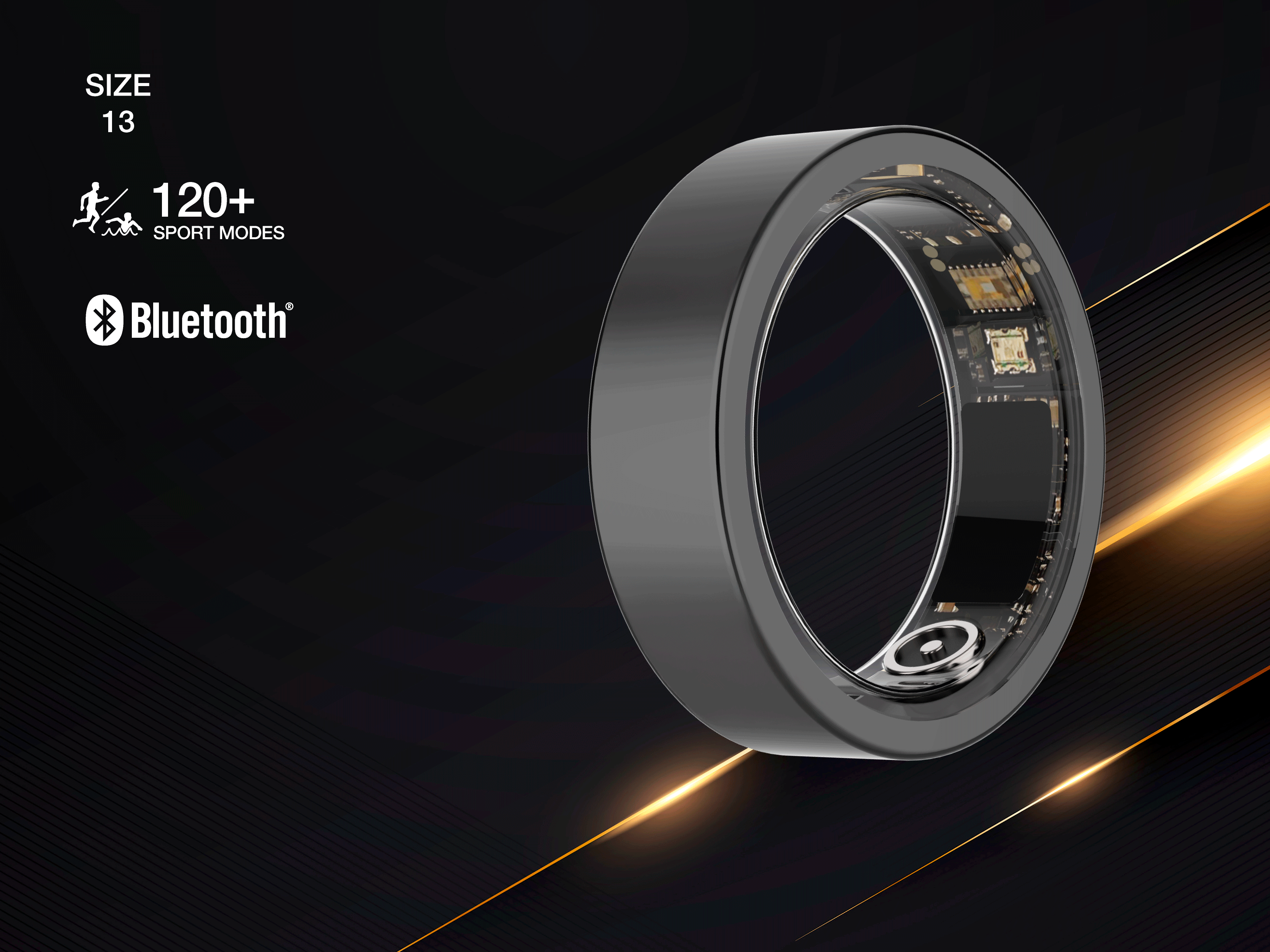 Schwarzer Ring mit sichtbarer Elektronik, Größe 13, 120+ Sportmodi, Bluetooth.