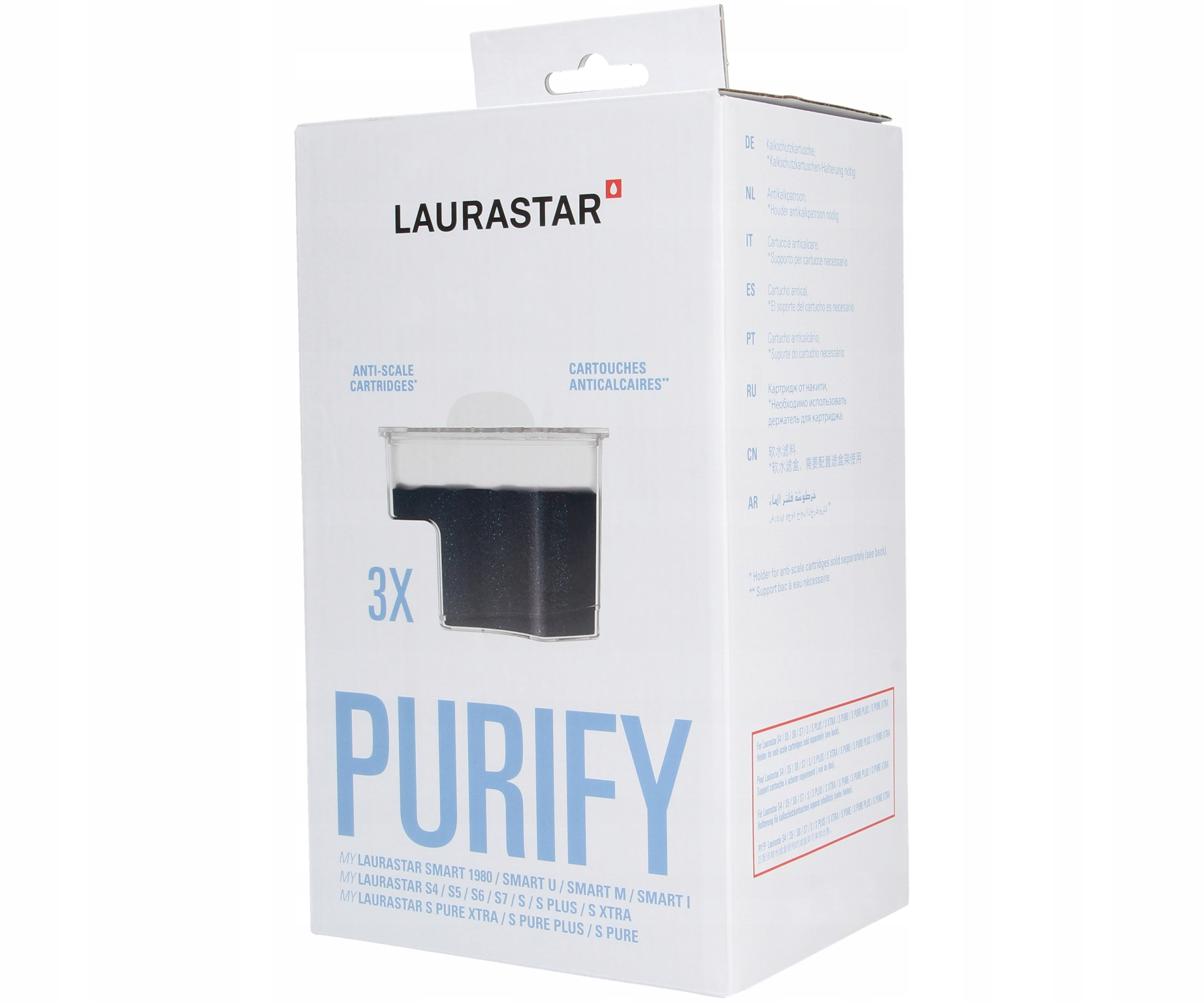 Pudełko Laurastar "Purify" z trzema wkładami antywapiennymi, czarna zawartość.