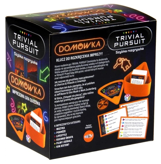 Pudełko gry Trivial Pursuit Domówka prezentuje karty, pomarańczowy stojak i szczegóły gry z tyłu.