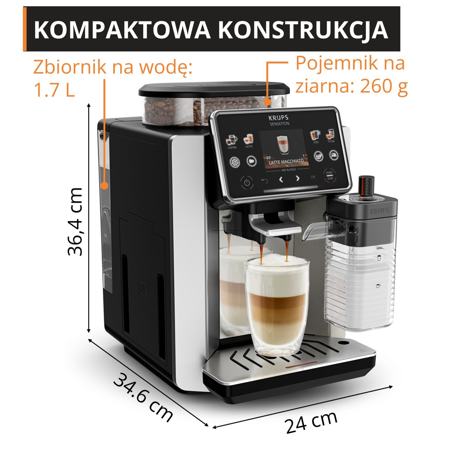 Kompaktowy ekspres do kawy z ekranem dotykowym, zbiornikiem na wodę 1,7L i 260g na ziarna.