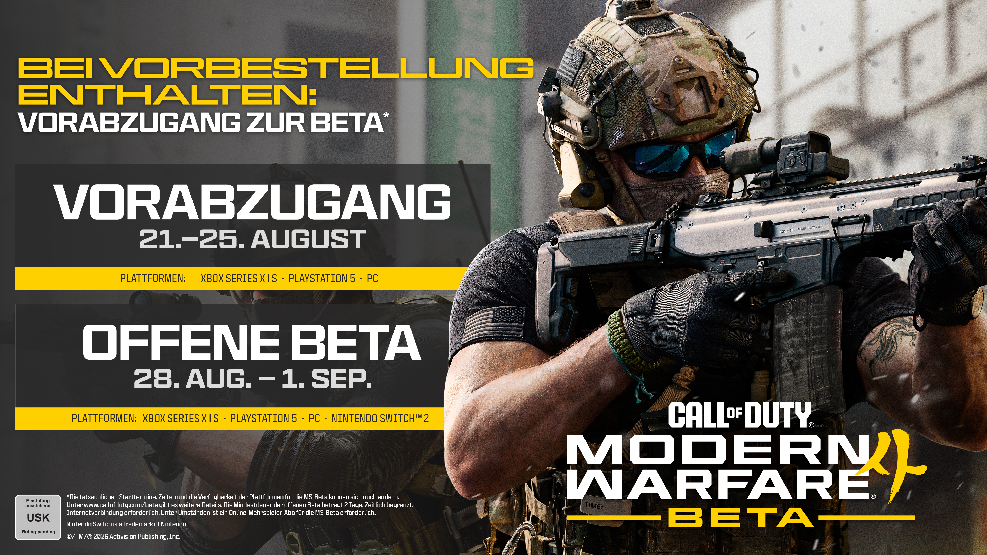 Mann in Militäruniform mit Waffe, Call of Duty Modern Warfare Beta Werbung.