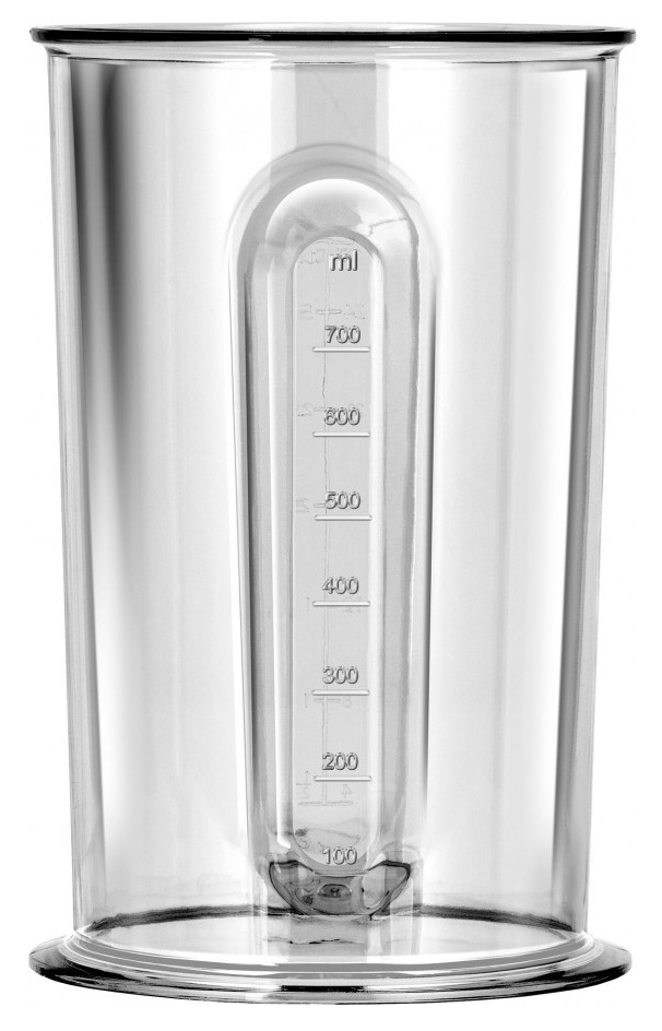 Przezroczysty kubek z miarką od 100 do 700 ml.
