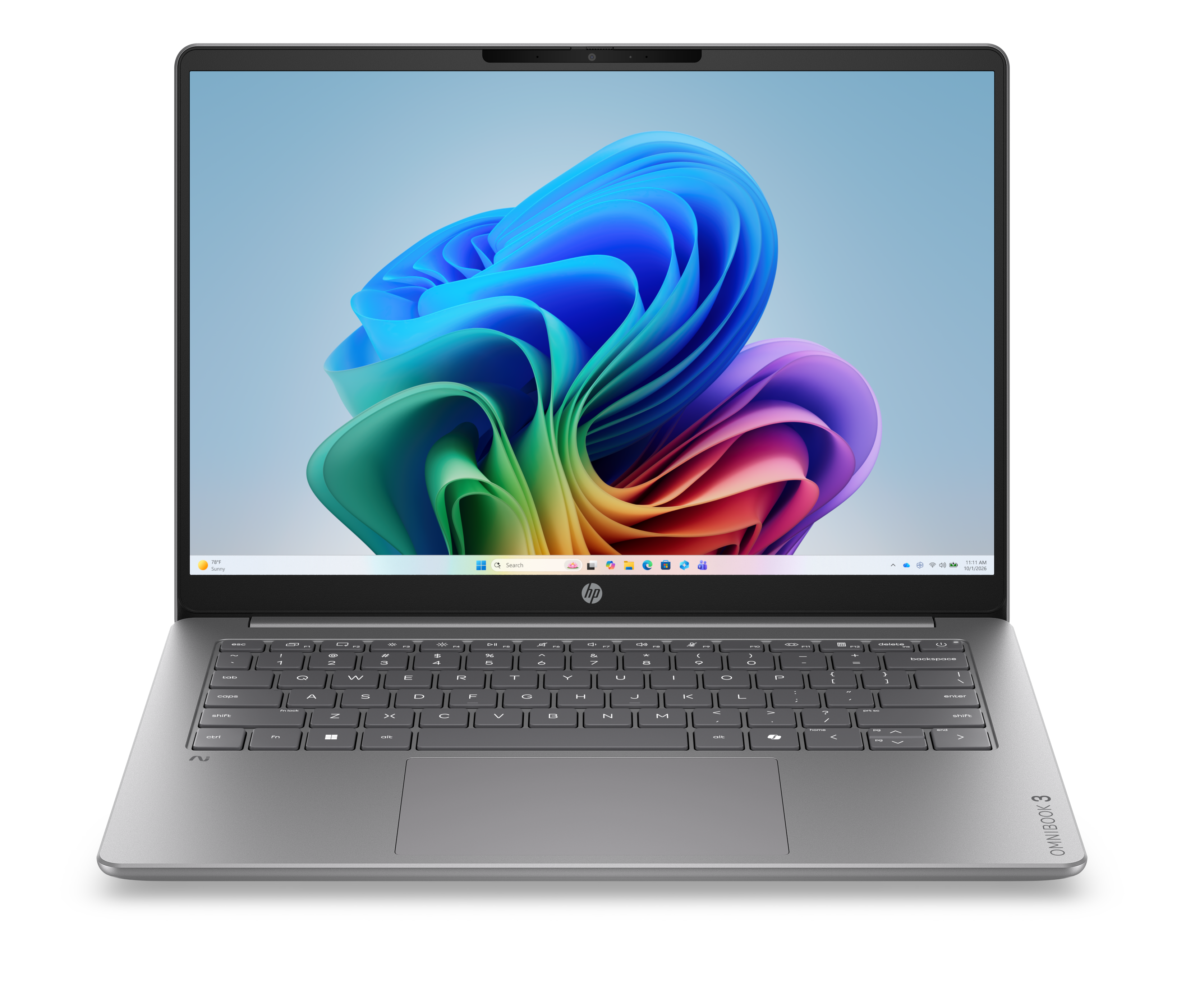 Ein offenes silbernes HP Omnibook 3 Laptop mit bunter Windows-Oberfläche.