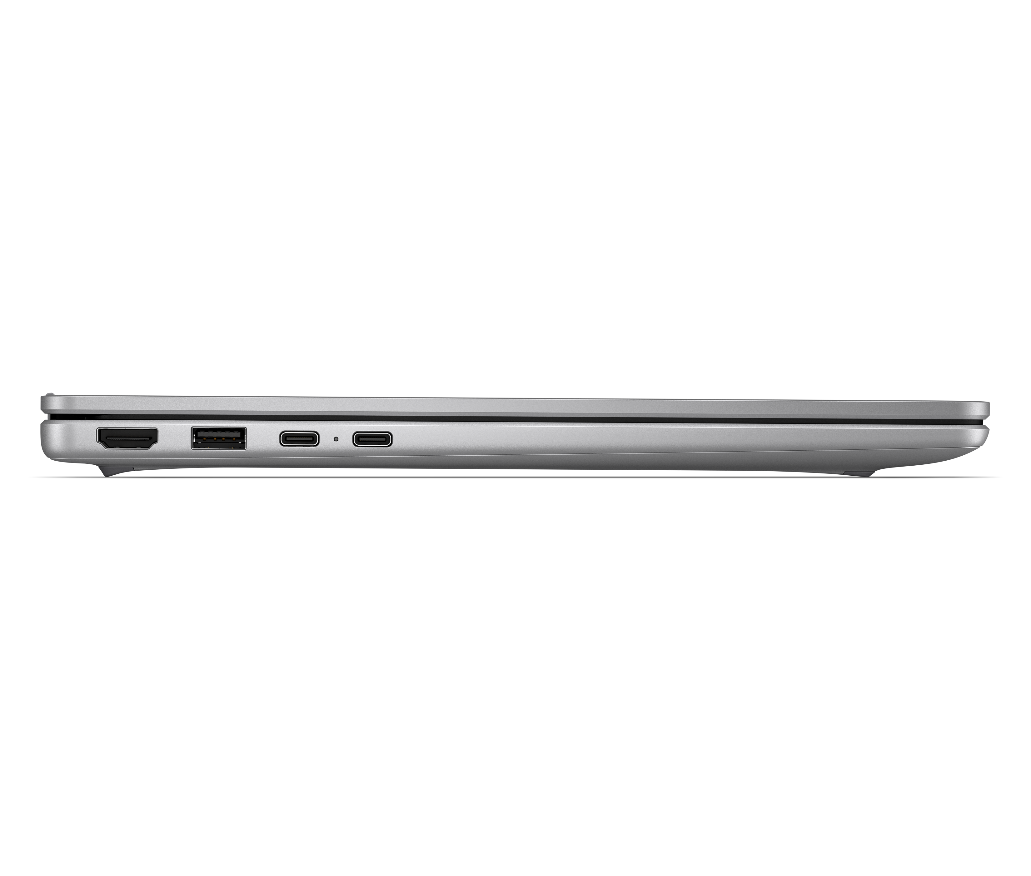 Nahaufnahme der silbernen Laptopschnittstelle mit HDMI- und USB-C-Anschlüssen.