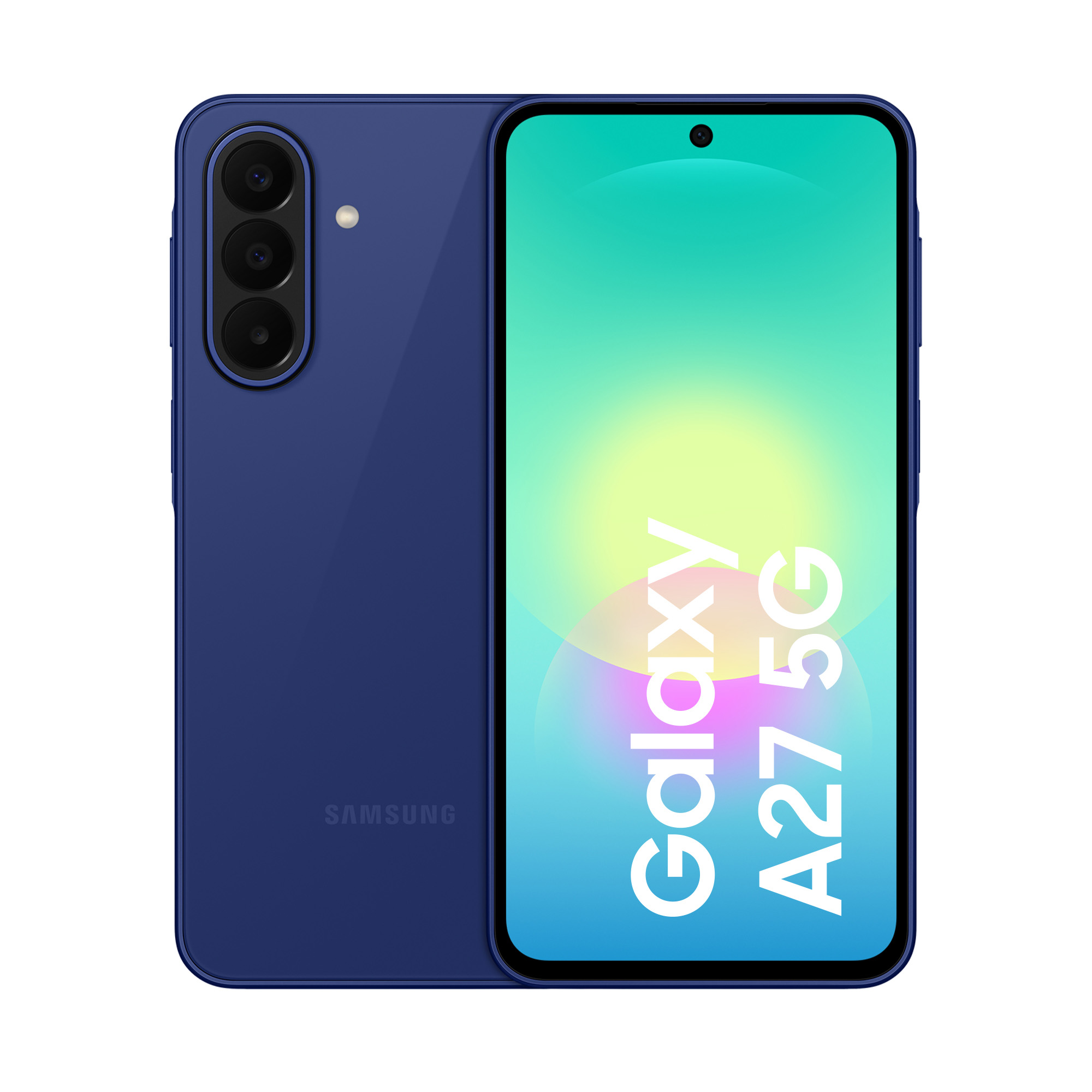 Dunkelblaues Samsung Galaxy A27 5G Smartphone mit drei Kameras auf der Rückseite.