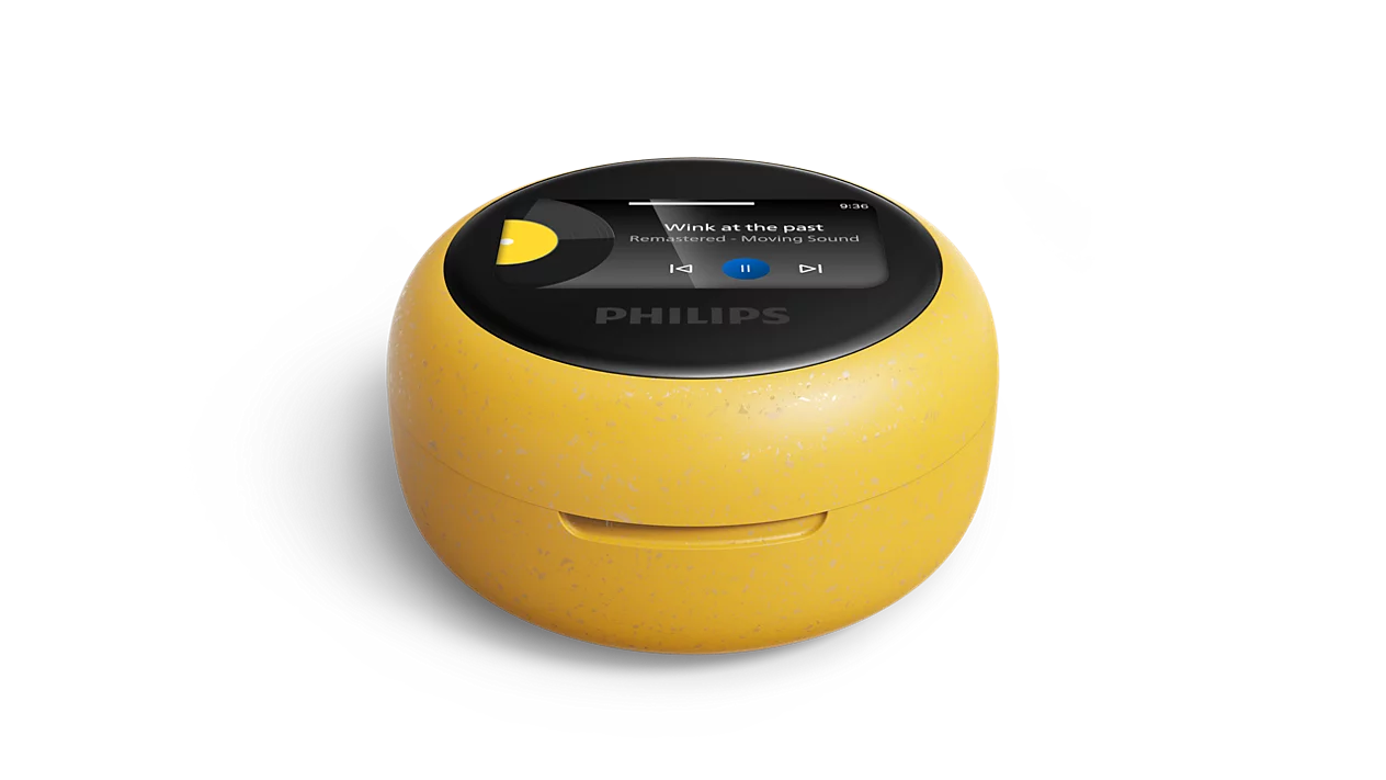 Ein gelber Philips MP3-Player mit einem schwarzen Bildschirm, der Musik wiedergibt.