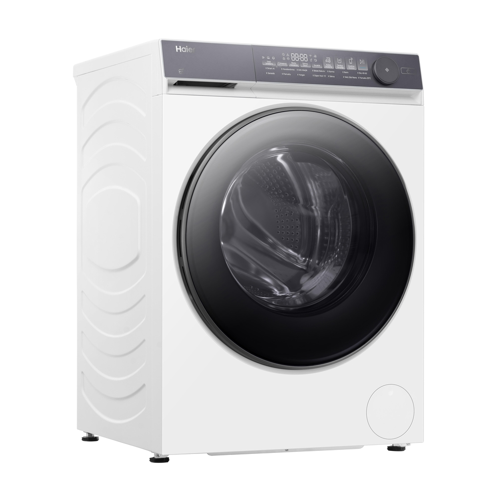 Siyah kapılı ve dijital ekranlı beyaz bir Haier çamaşır makinesi.
