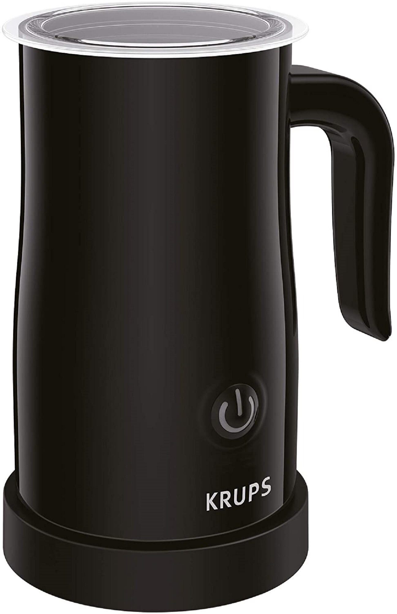 Czarny spieniacz do mleka z logo Krups i przyciskiem zasilania.