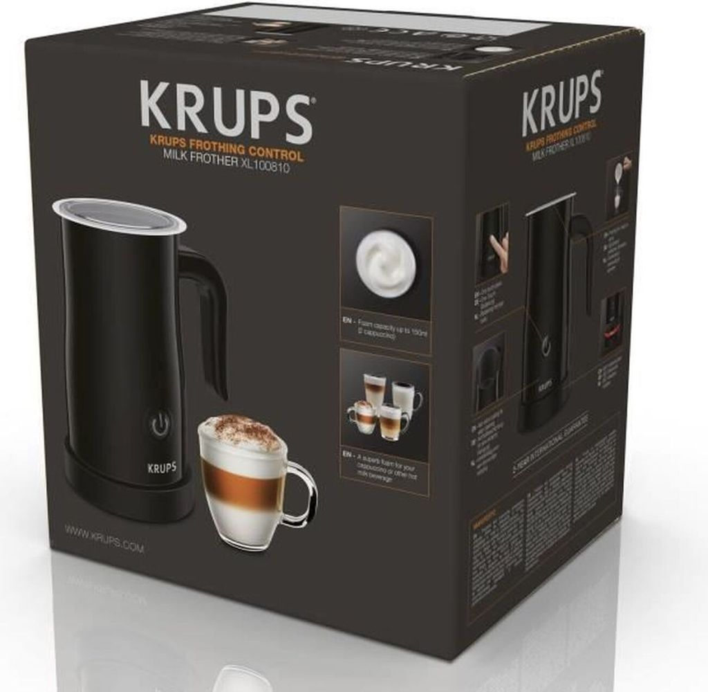 Opakowanie spieniacza do mleka KRUPS z obrazem produktu i latte macchiato.