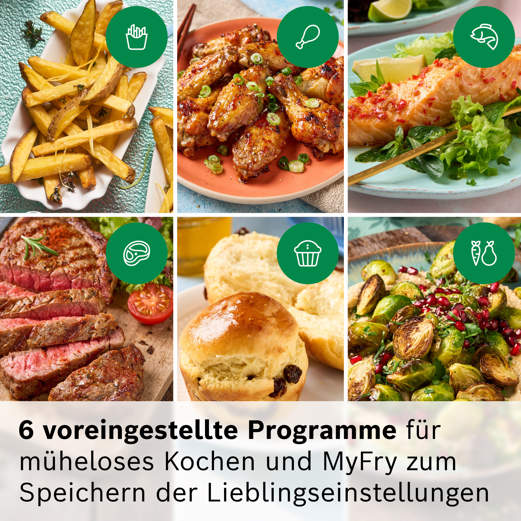 Sechs Gerichte: Pommes, Hähnchenflügel, Lachs, Steak, Brötchen und Rosenkohl.