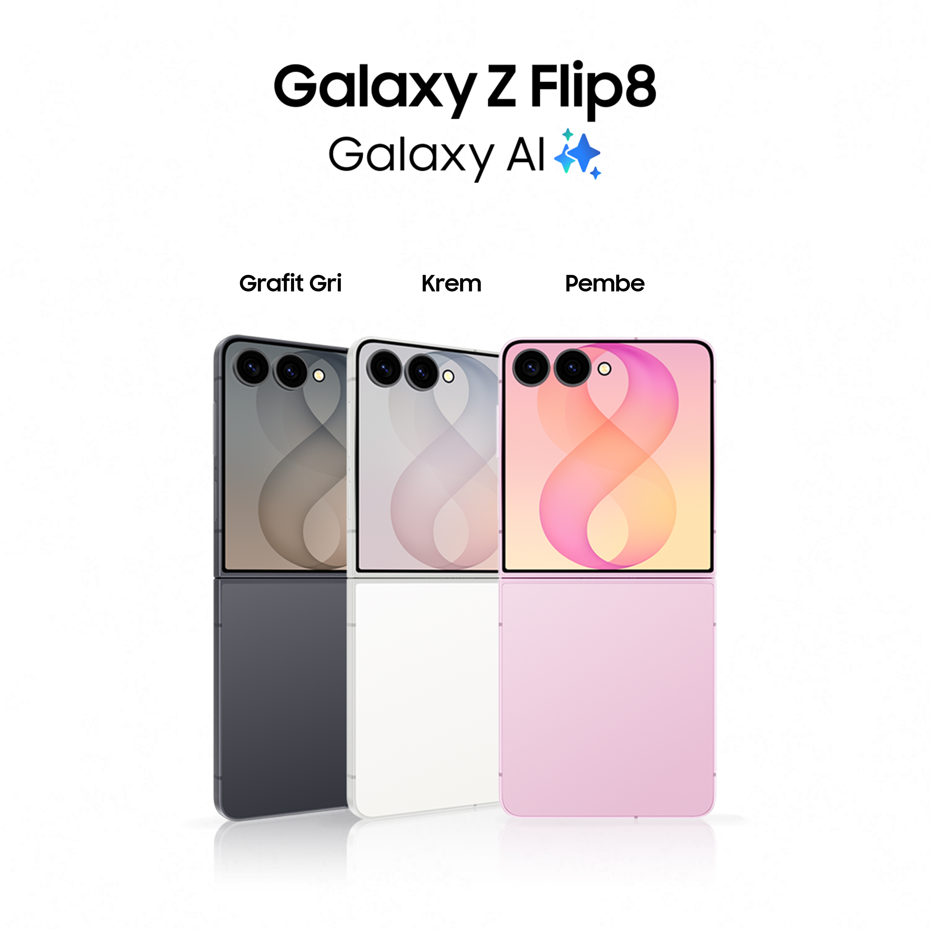Yan yana gri, beyaz ve pembe Samsung Galaxy Z Flip8 telefonlar.