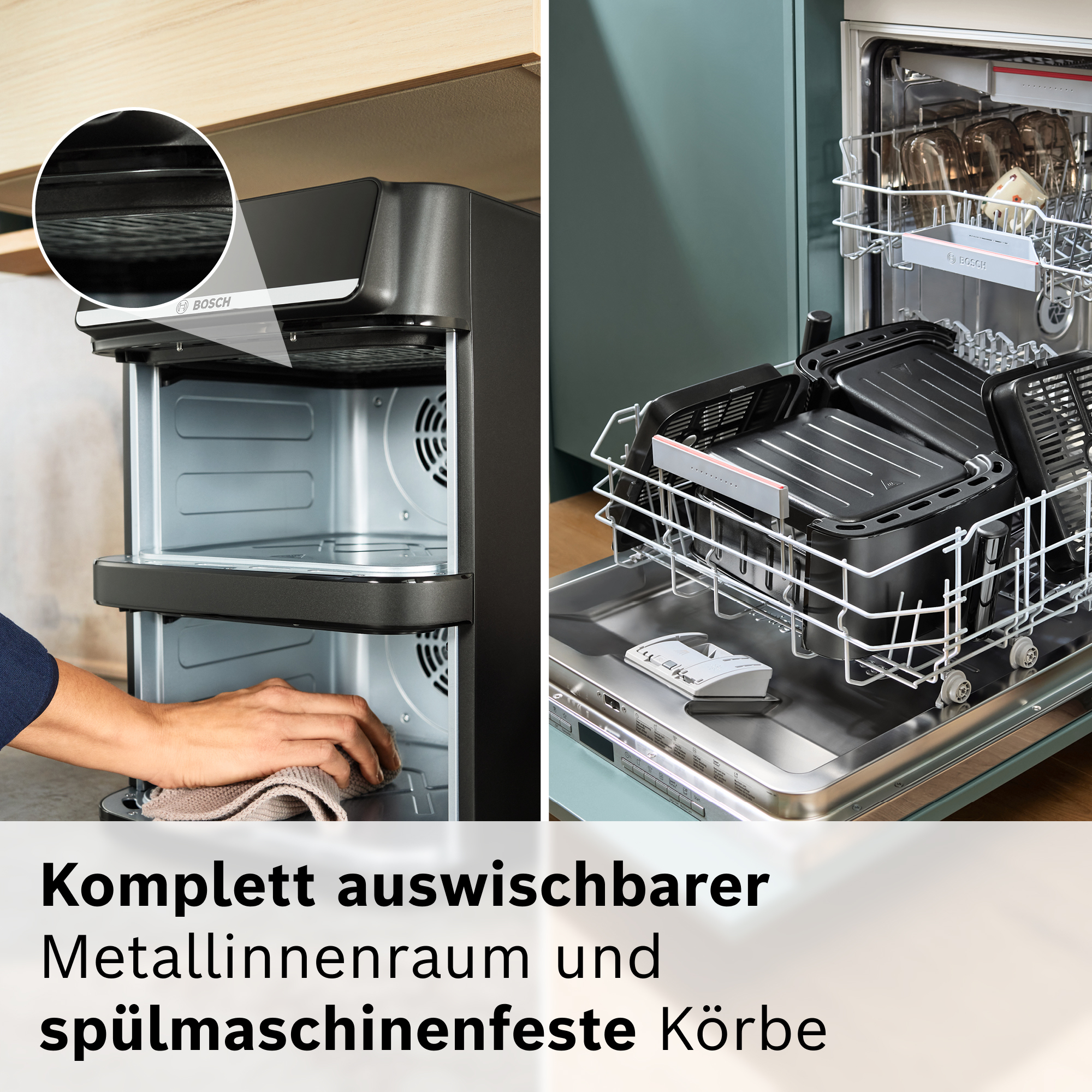 Einbaugerät mit Metallinnenraum und Spülkorb mit Zubehör.