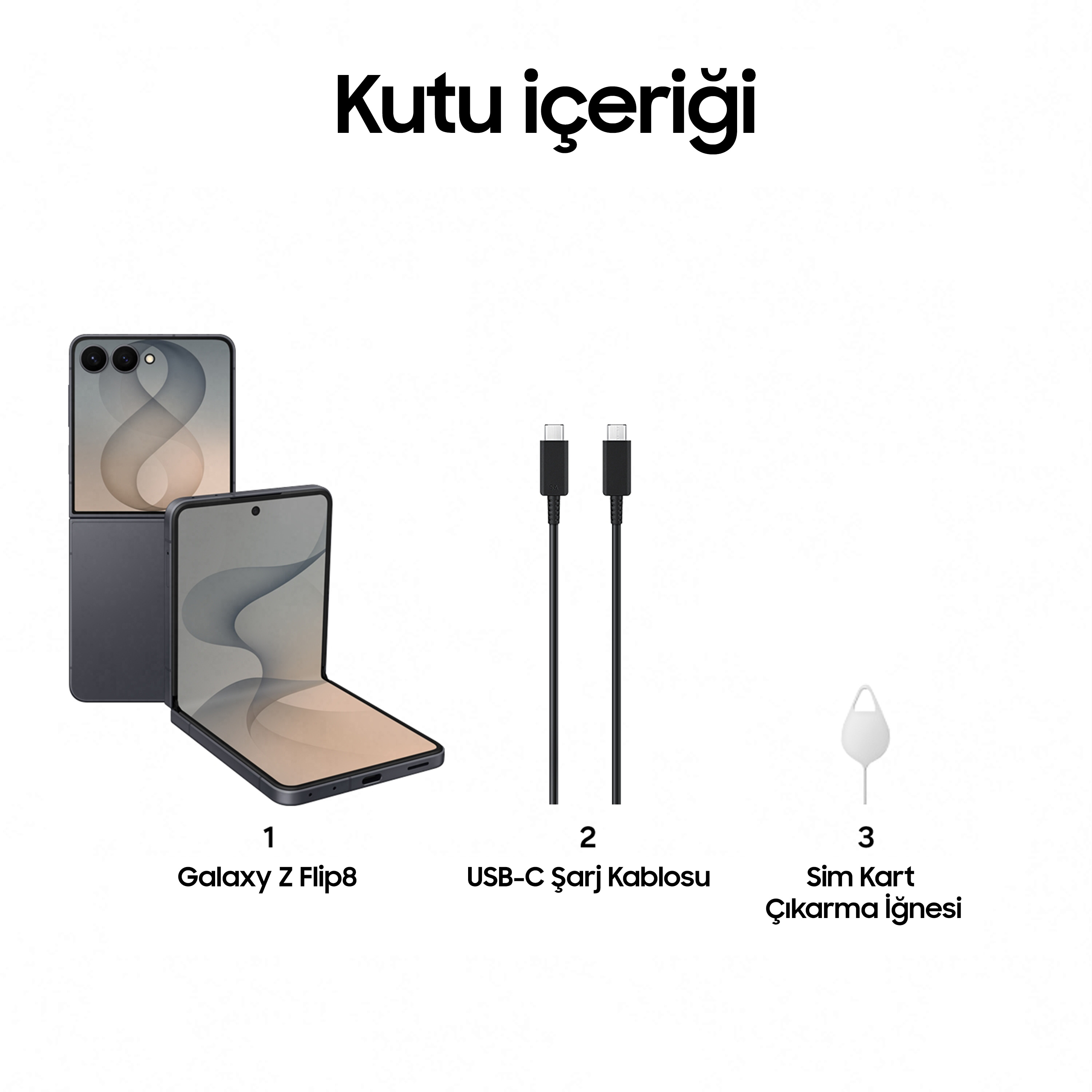 Bir Galaxy Z Flip8, iki USB-C kablosu ve SIM kart çıkarma iğnesi.