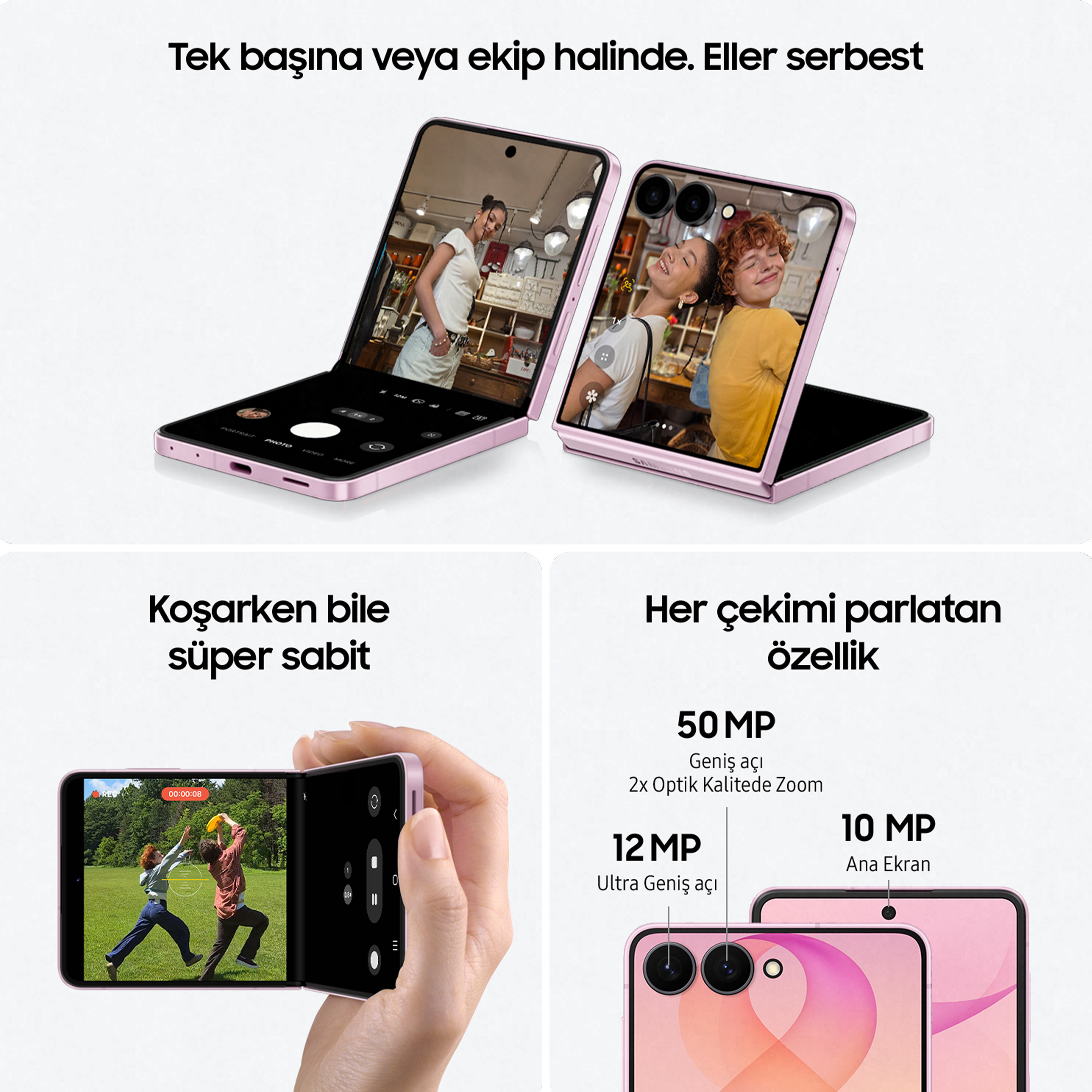 İki pembe Samsung katlanabilir telefon insan fotoğrafları gösteriyor. Bir telefon dışarıda iki kişiyi çekiyor.