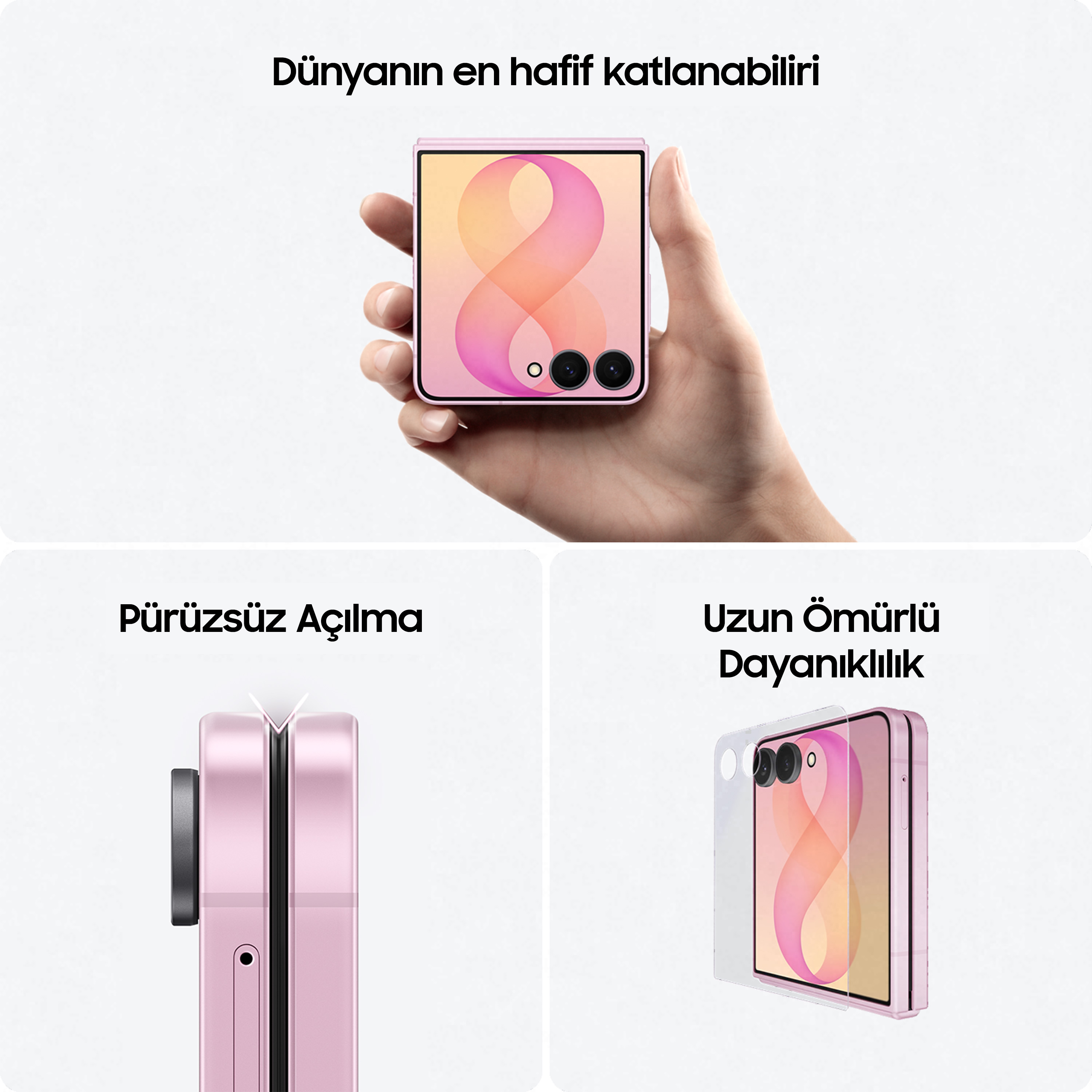 Pembe katlanabilir akıllı telefon elde tutuluyor. Menteşe ve telefonun yakın çekimi.