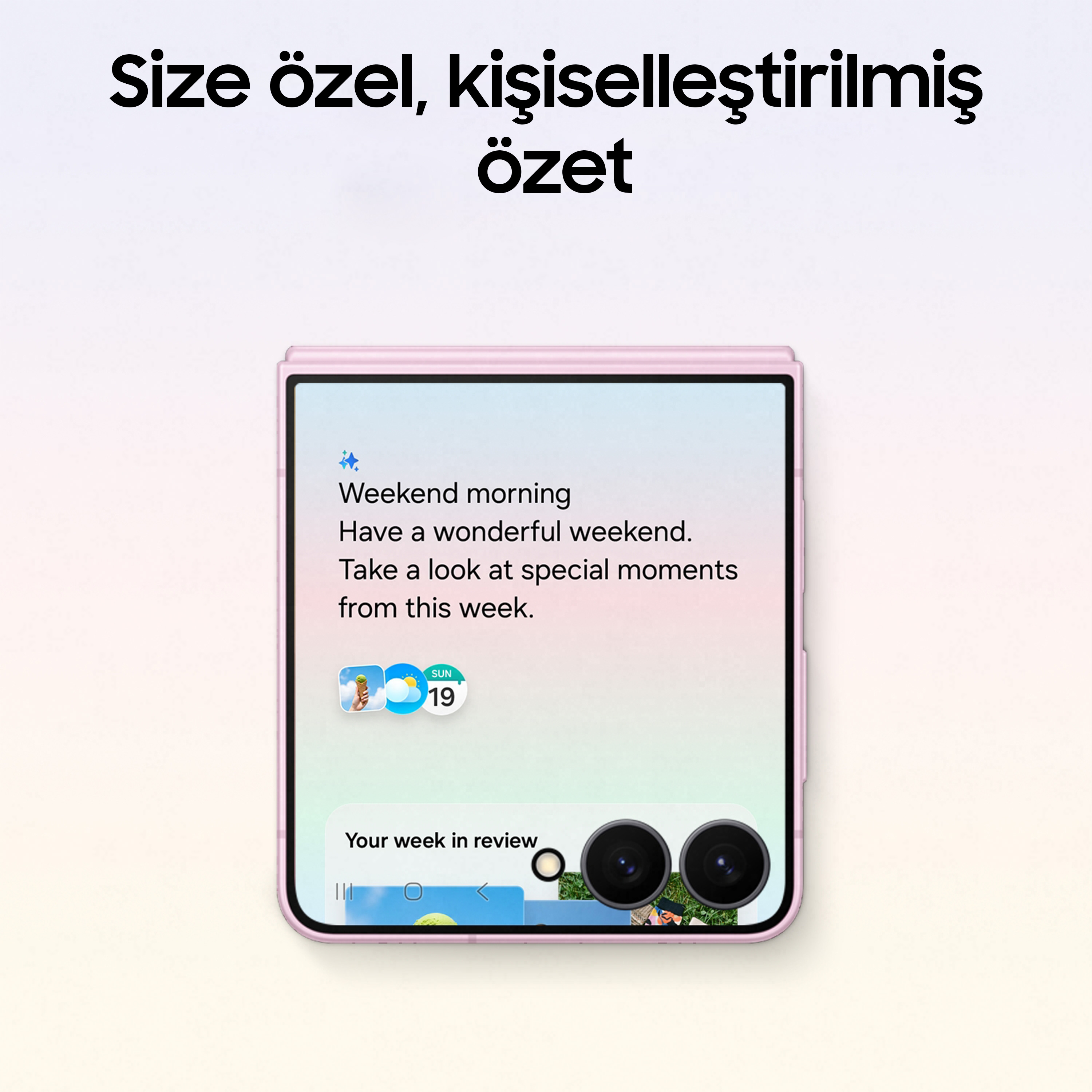 Pembe kapaklı bir telefon, fotoğraflar ve metinle haftalık bir özet gösterir.