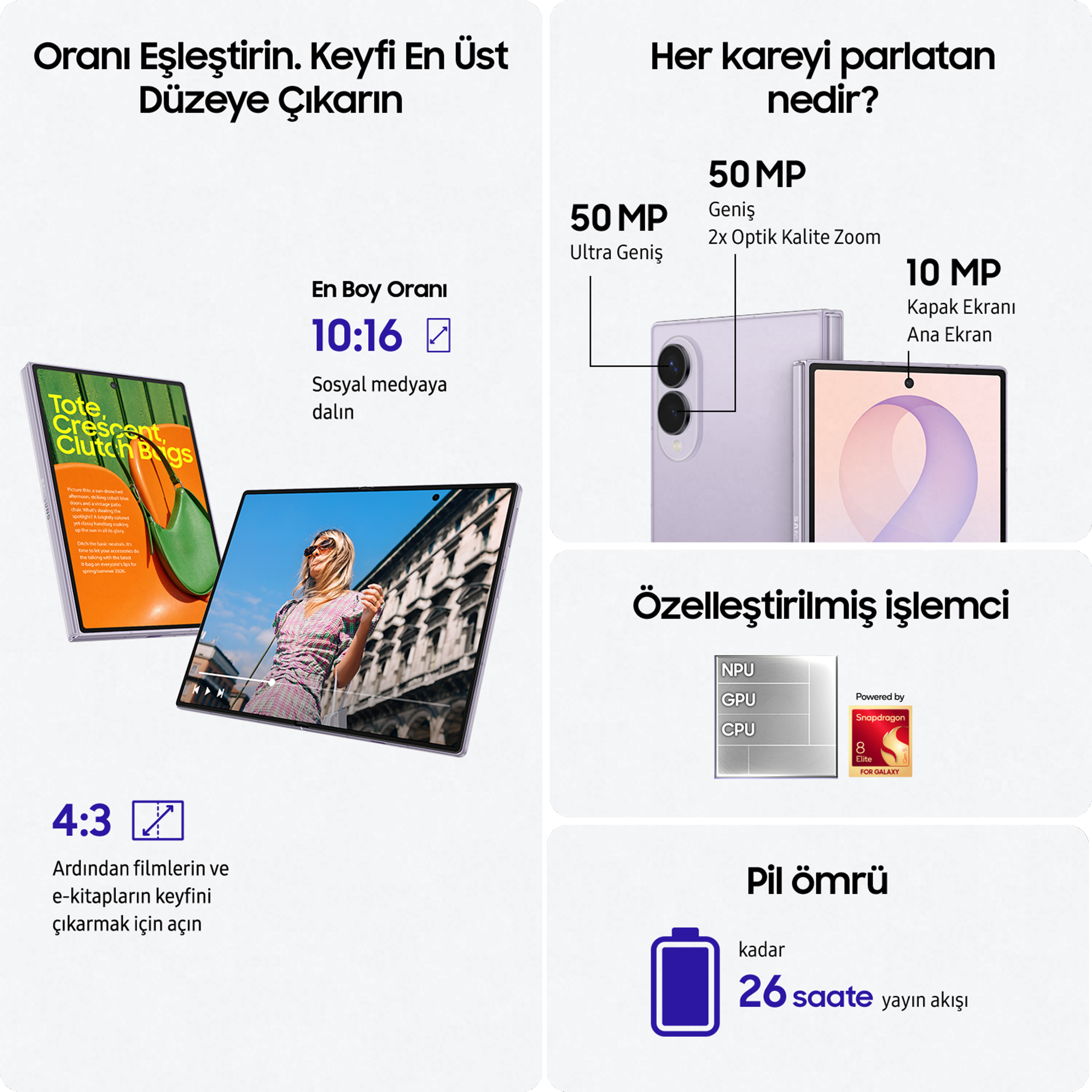 Kamera özellikleri ve pil ömrünü gösteren çoklu Samsung cihazları.