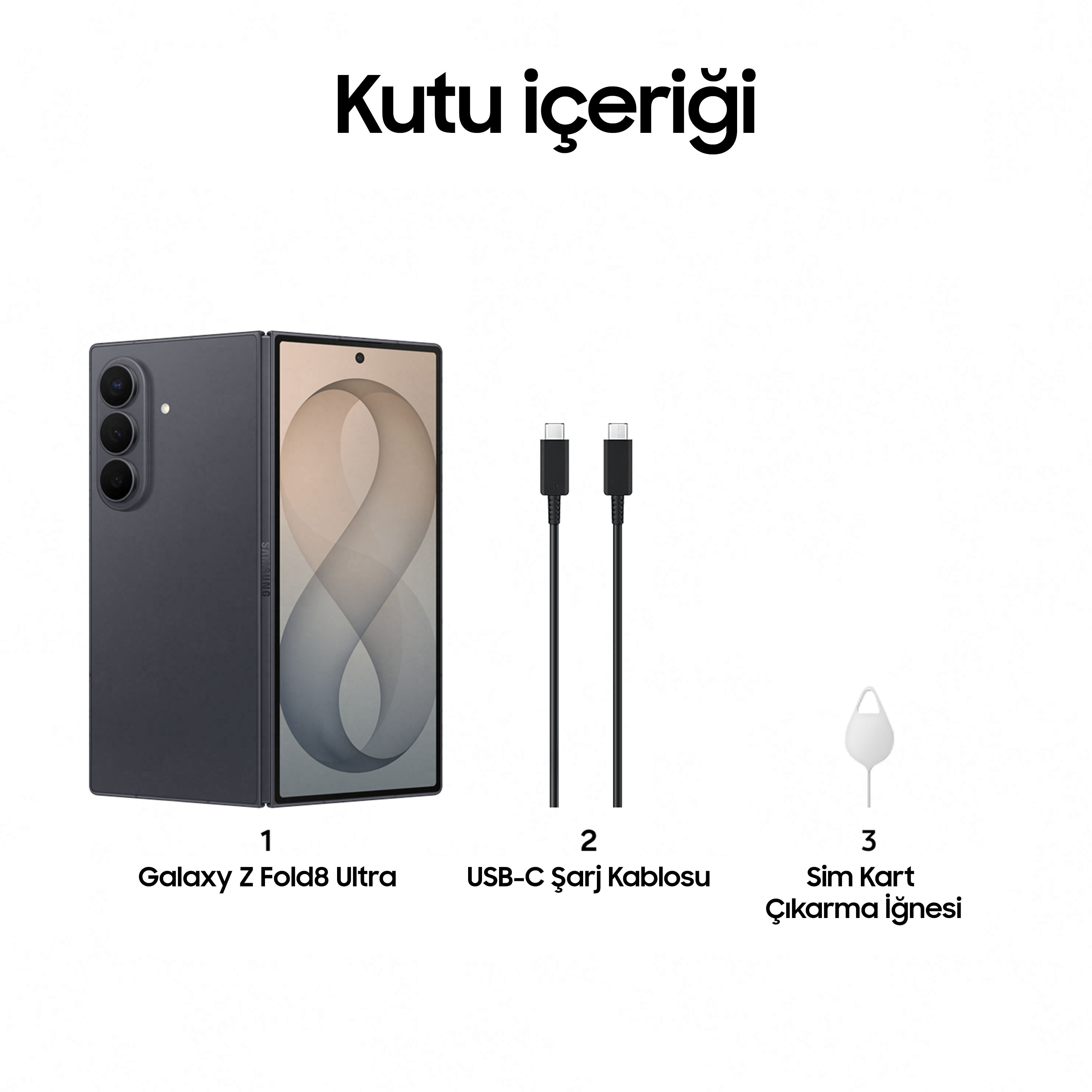 Katlanmış Samsung Galaxy Z Fold8 Ultra, USB-C kablosu ve SIM çıkarma iğnesi.