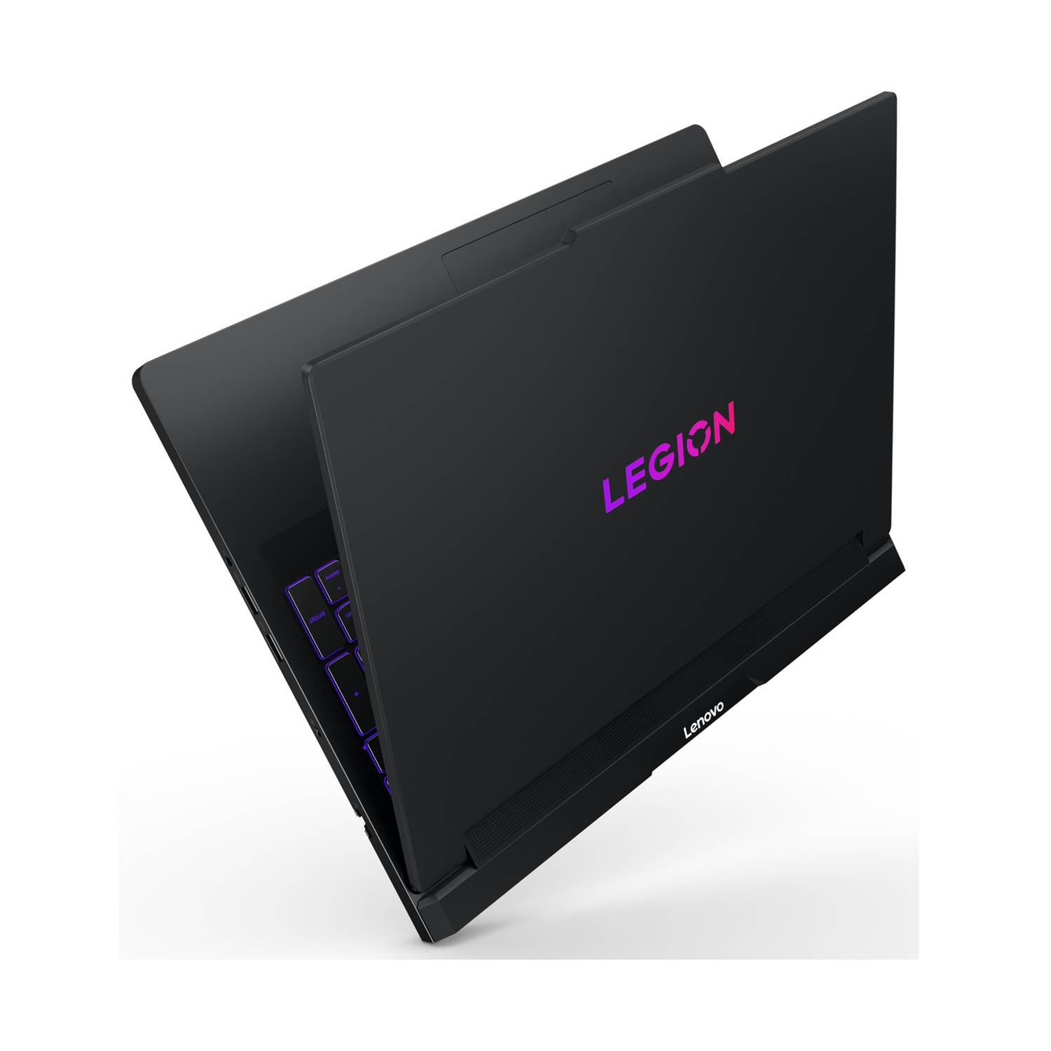 Laptop nero con logo "LEGION" illuminato e tastiera.
